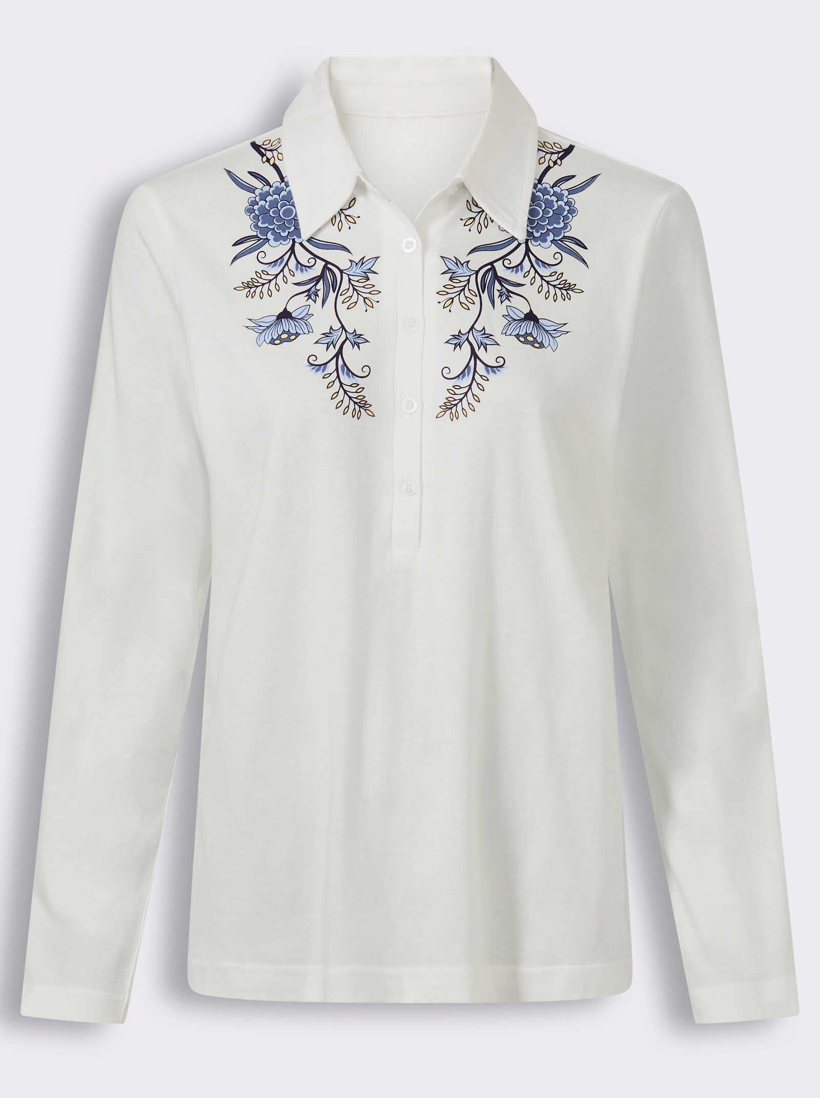 Poloshirt mit kurzer Knopleiste - ecru-jeansblau-bedruckt