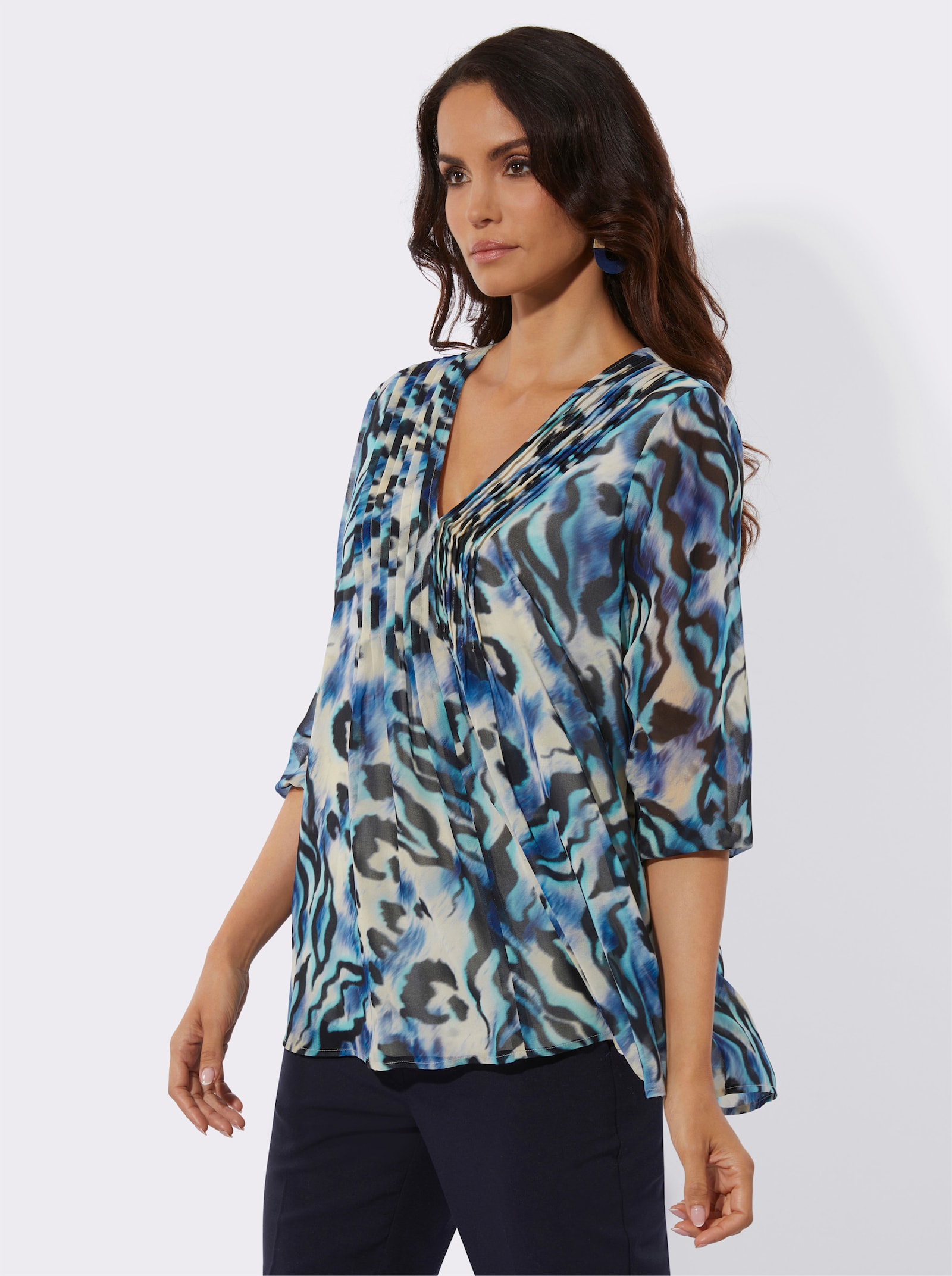 Tunique avec nervures décoratives - couleur ivoire-bleu roi imprimé