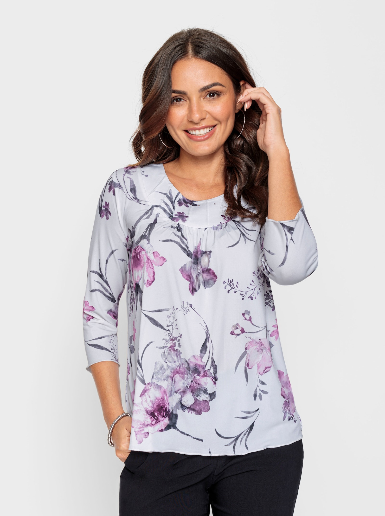Print-Shirt mit Biesen - weiß-erika-bedruckt