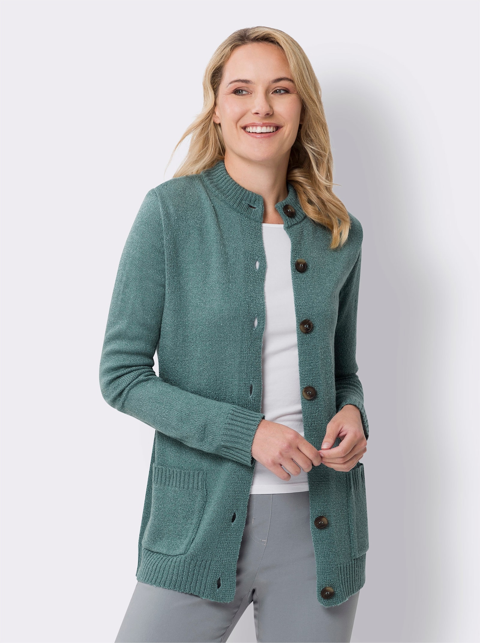 Dlouhý pletený kabátek z úpletu z buklé - nefritová