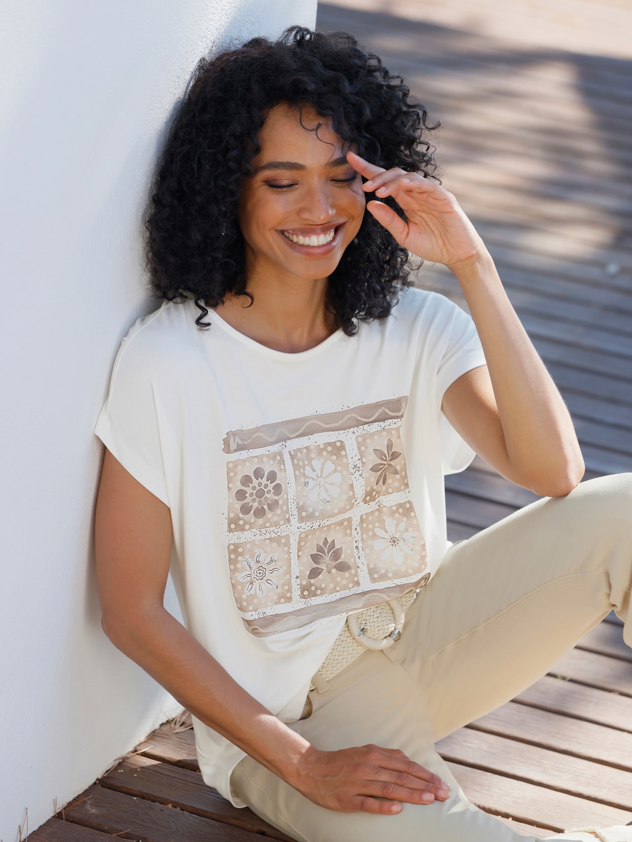 heine Kurzarmshirt - ecru-taupe-bedruckt
