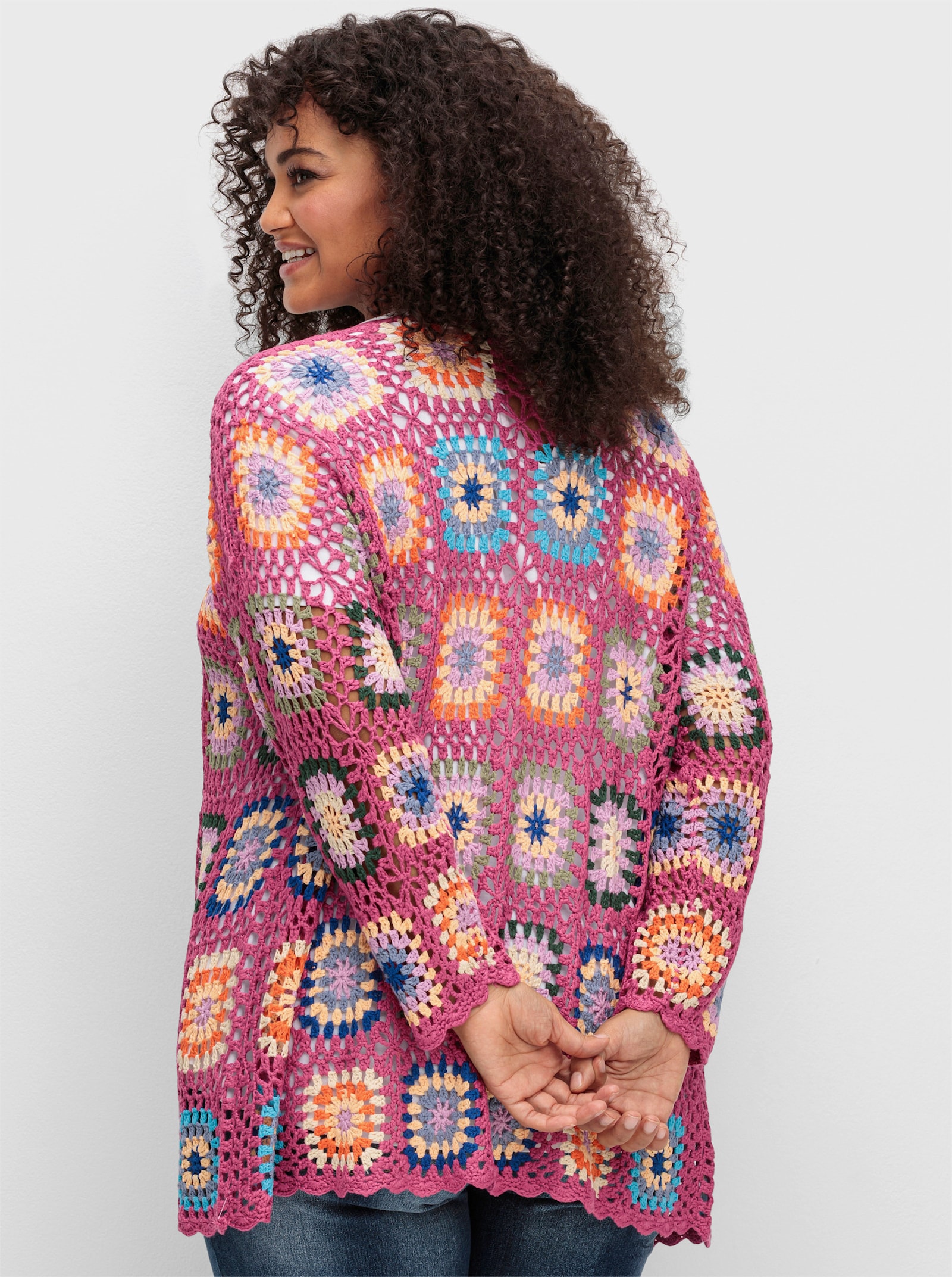 sheego by Joe Browns Lang vest met crochet-patroon - pink