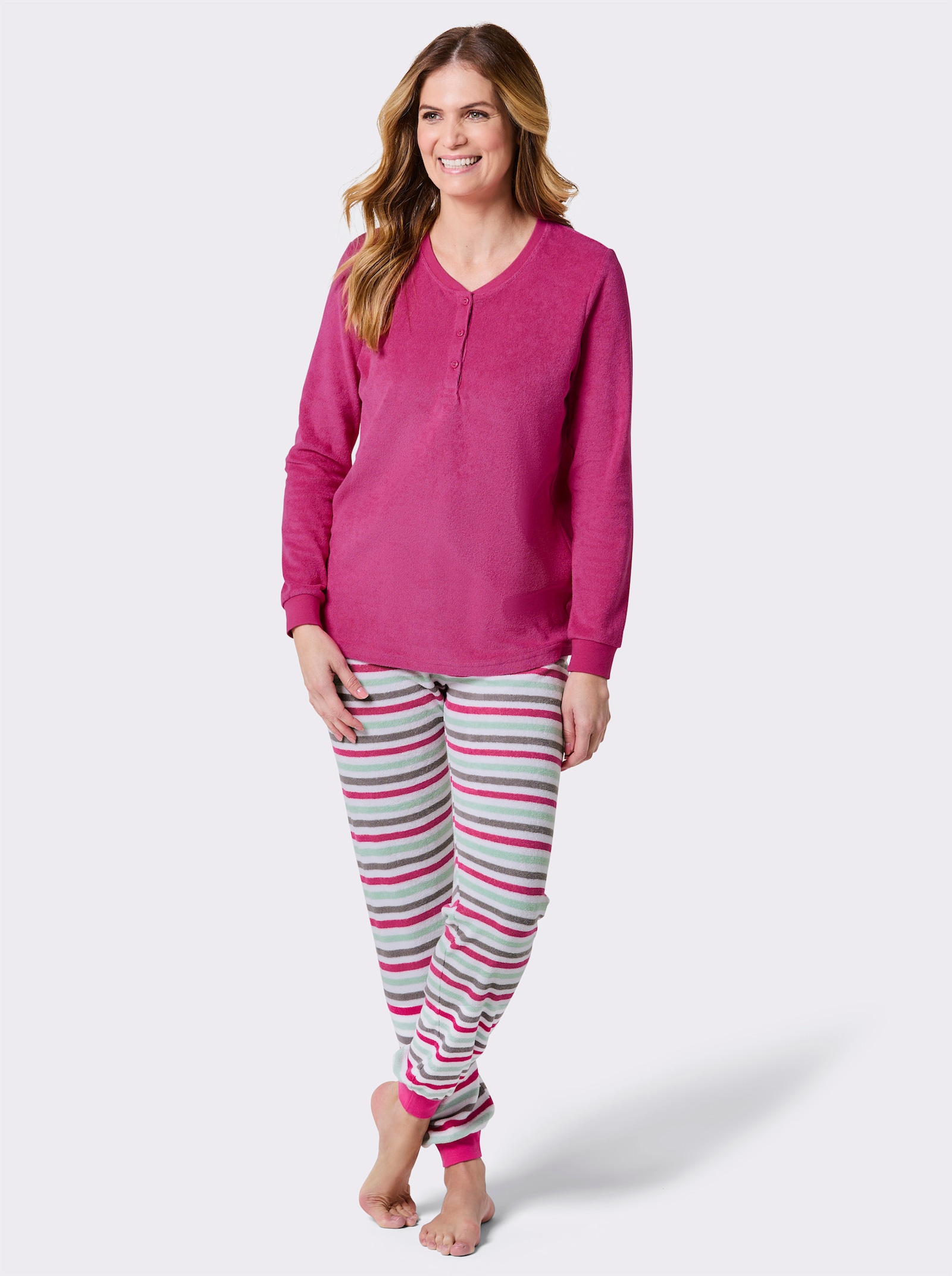 wäschepur Schlafanzug in Feinfrottee - fuchsia-weiß-geringelt