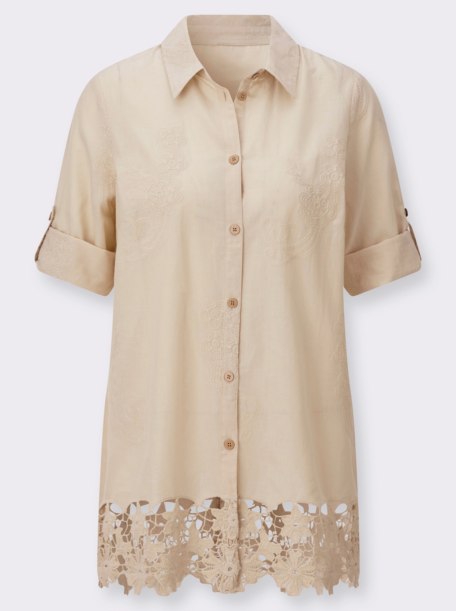 Spitzenbluse mit Krempel-Ärmel - sand