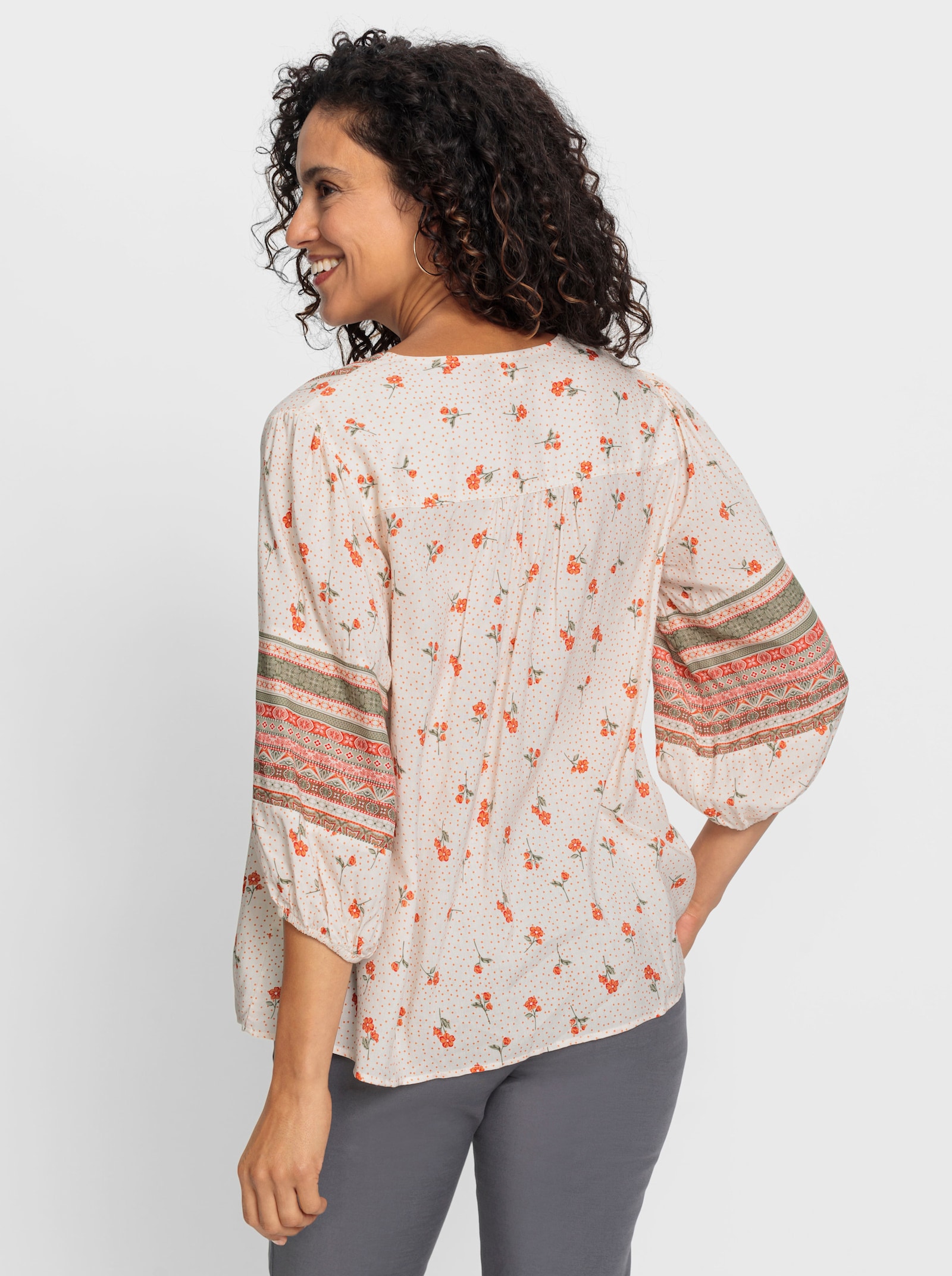 Druckbluse in A-Linie - champagner-papaya-bedruckt