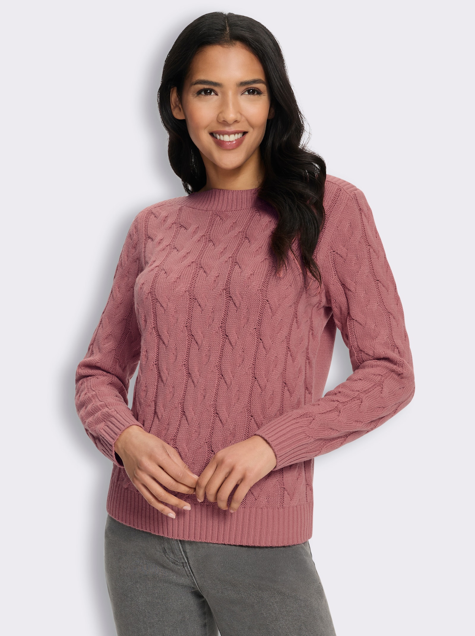Langarm-Pullover mit Zopfmuster - rosenholz