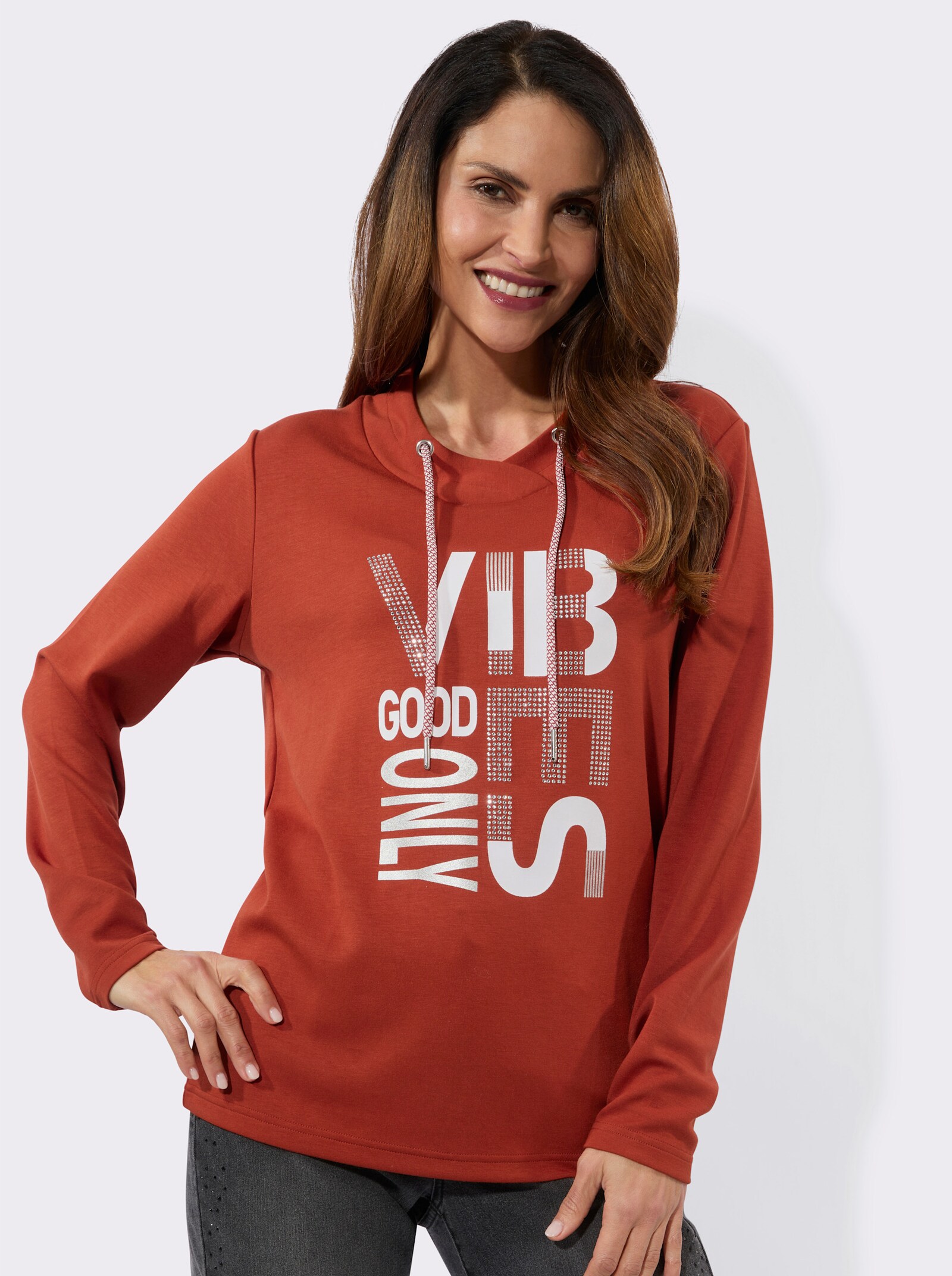 Langarmshirt mit silberfarbigem Print - rostrot