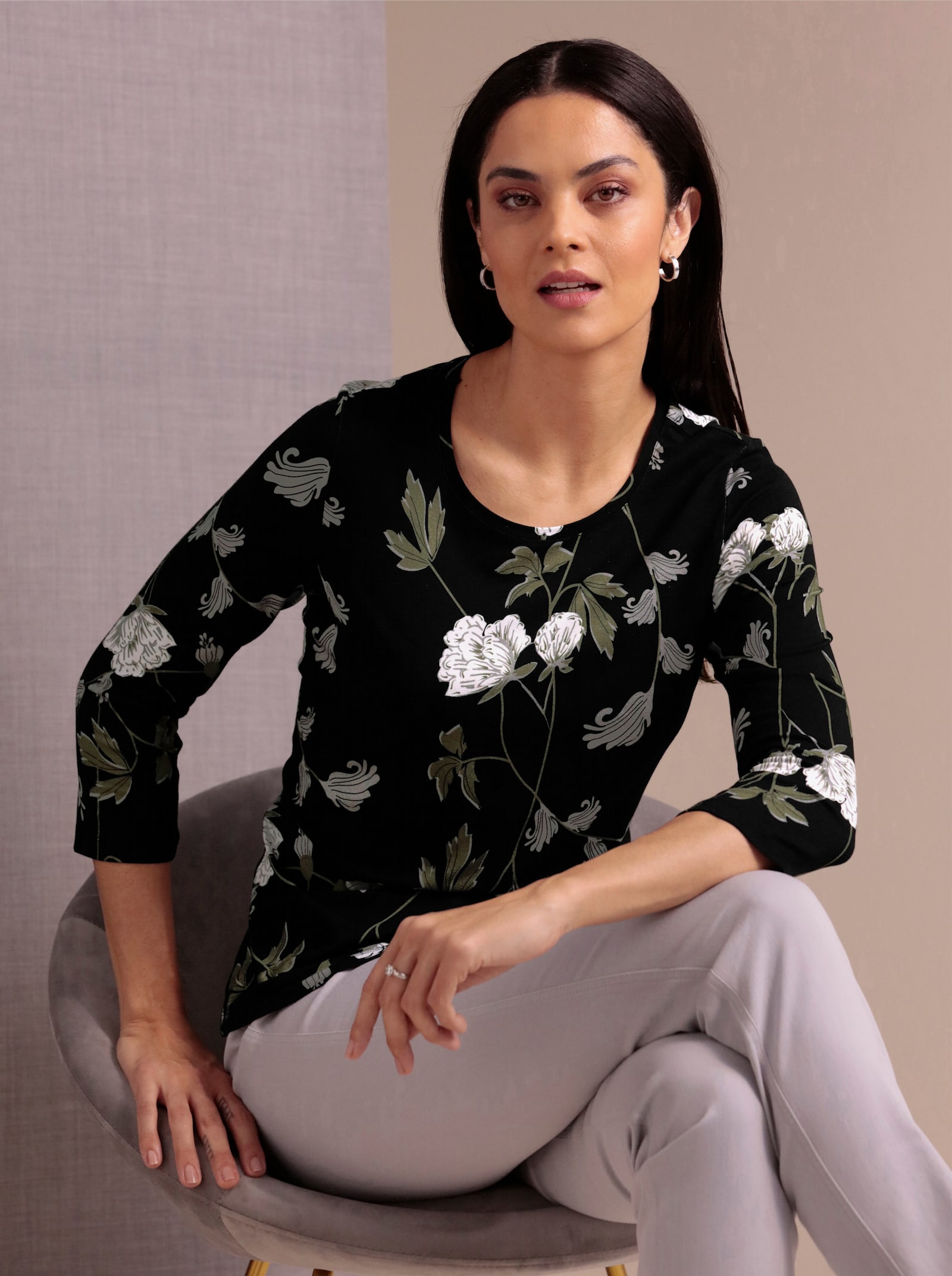 CREATION L PREMIUM 3/4-Arm-Shirt aus Viskose und Seide - schwarz-khaki-bedruckt