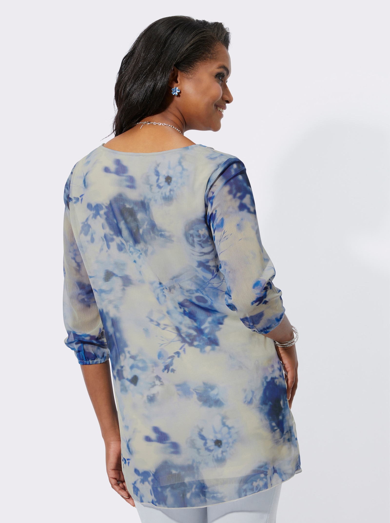 Tunika mit Volants am V-Ausschnitt - champagner-dunkelblau-bedruckt