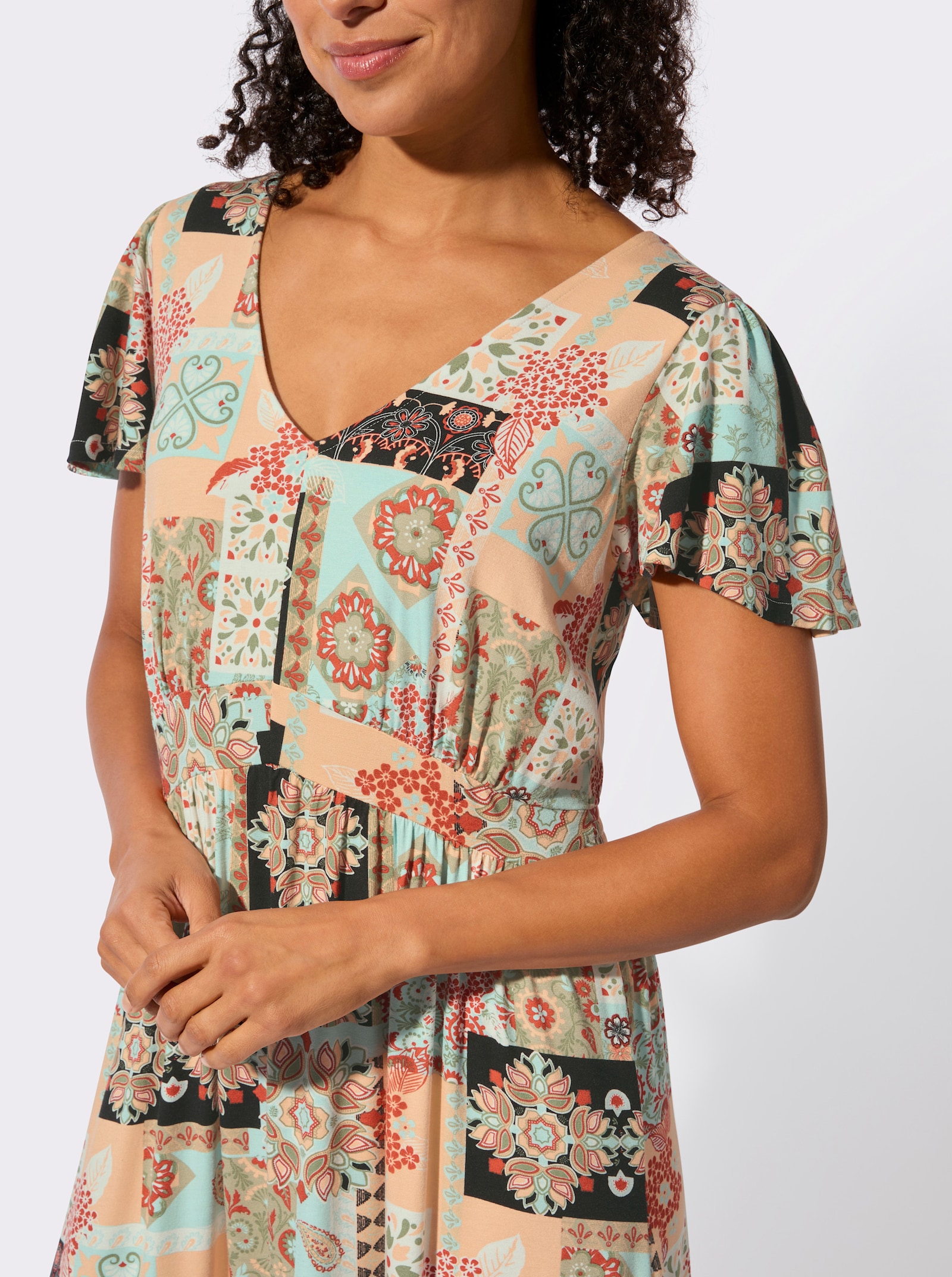 Jerseykleid mit Volants am Saum - mint-apricot-bedruckt