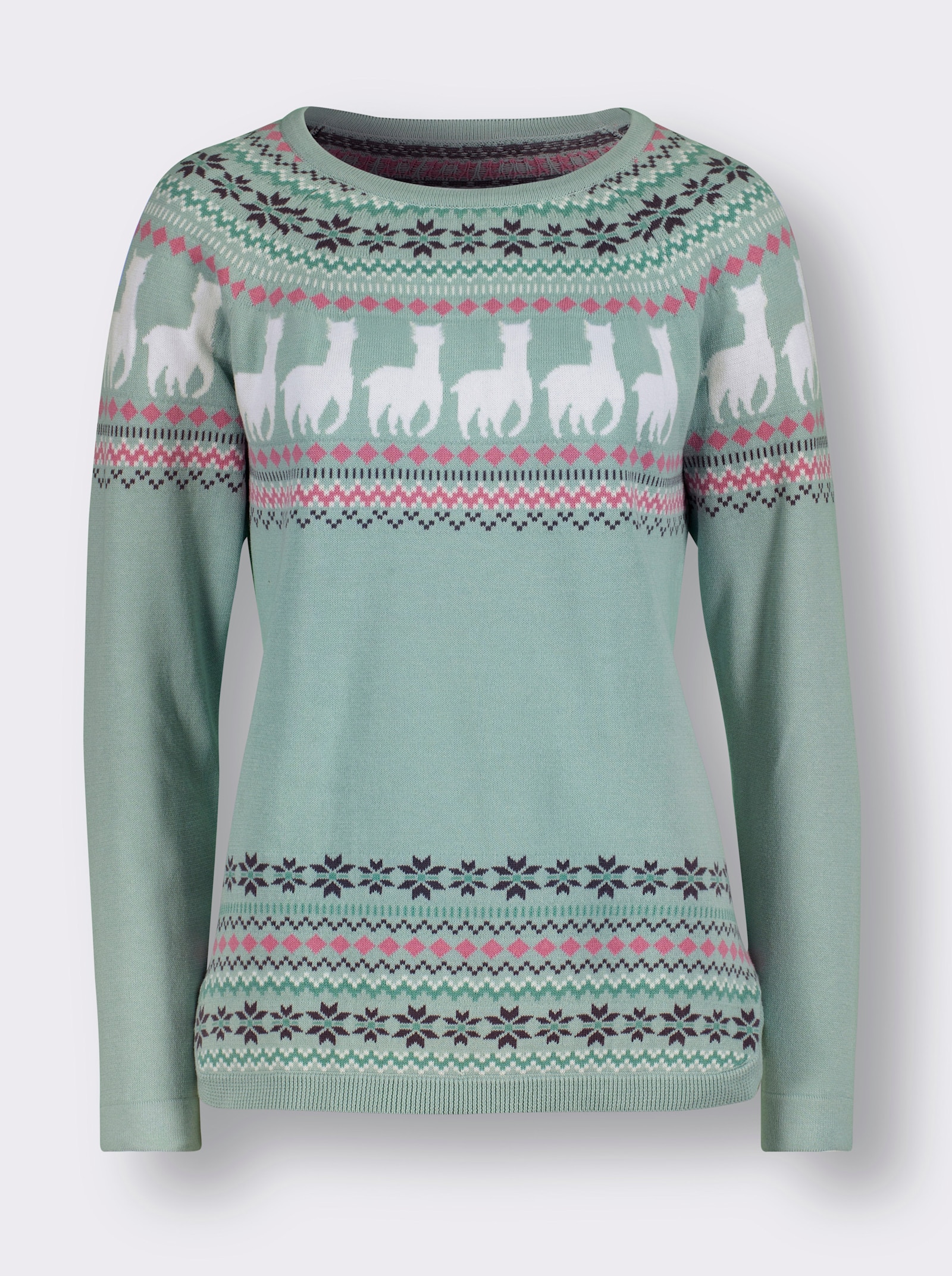 Langarm-Pullover mit Alpaka-Muster - kalkmint-ecru-gemustert