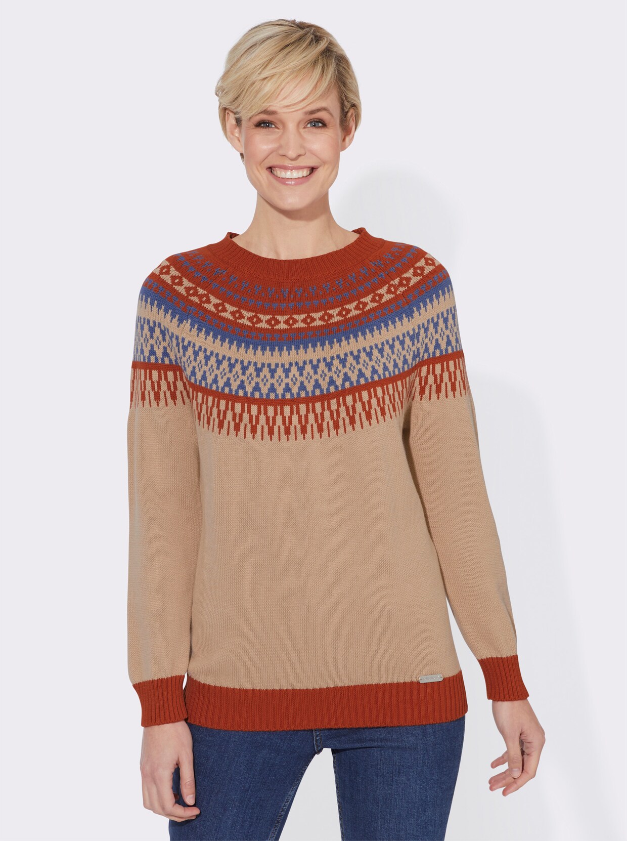 Norwegerpullover - beige-rostrot-gemustert