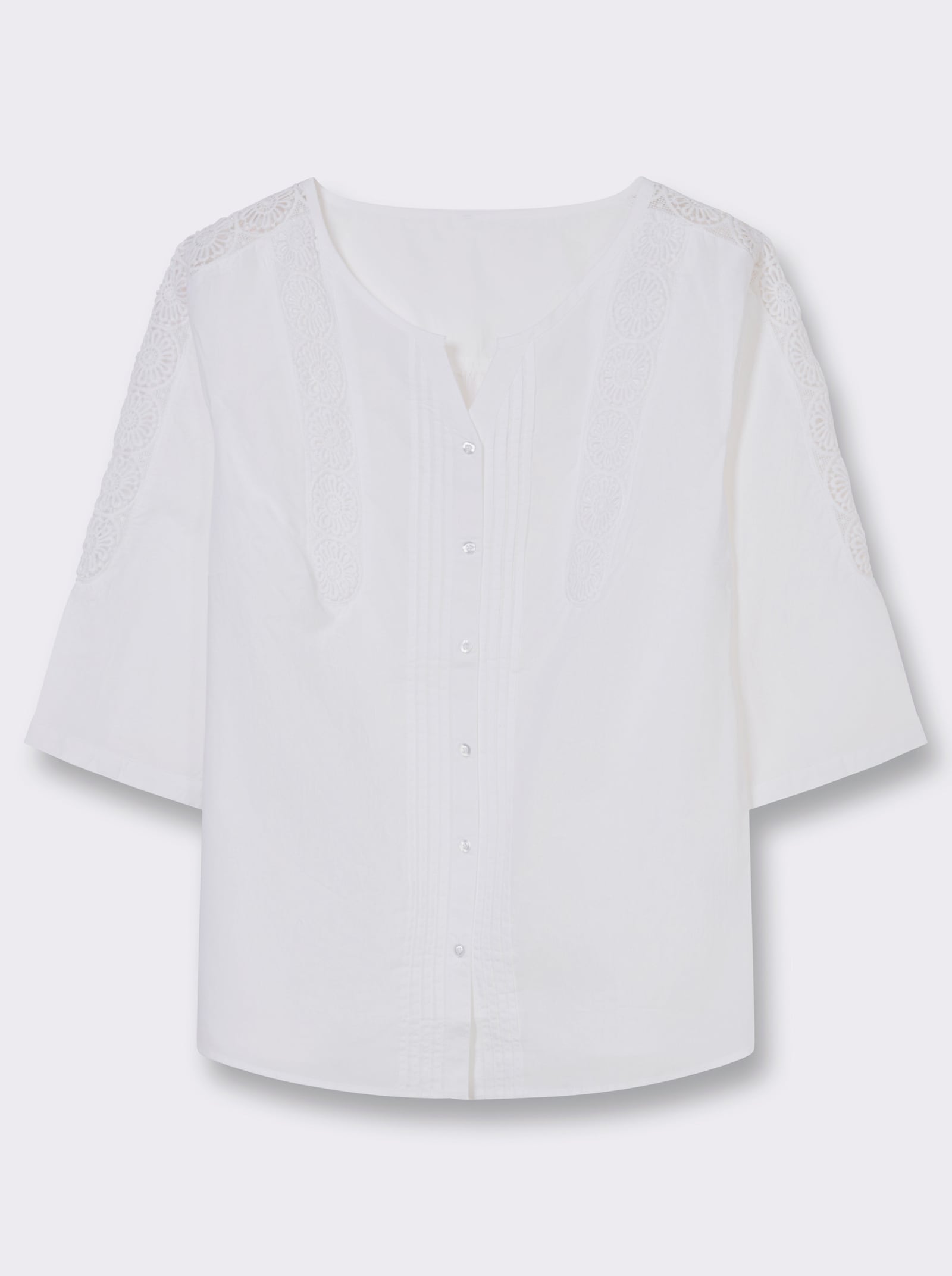 Baumwollbluse mit Biesen und Spitzen-Details - weiß