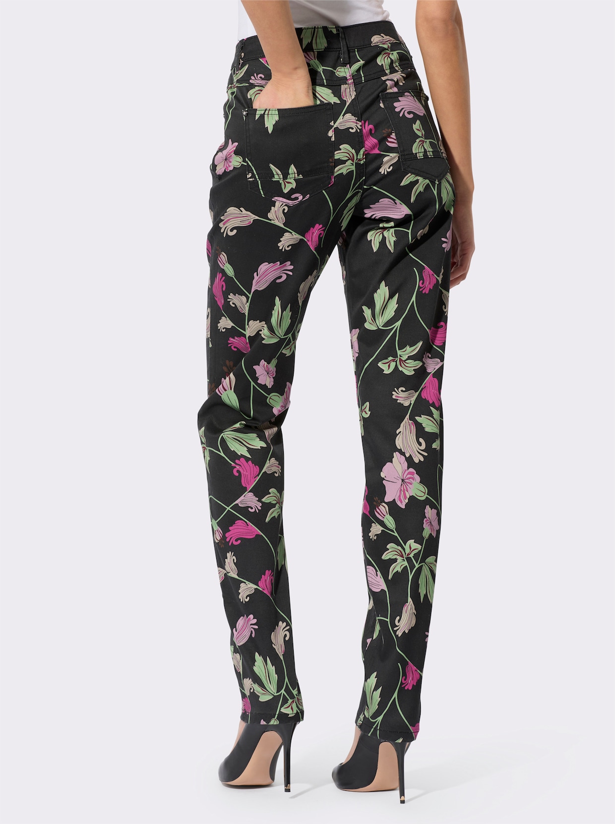 Pantalon 5 poches - noir-mauve imprimé