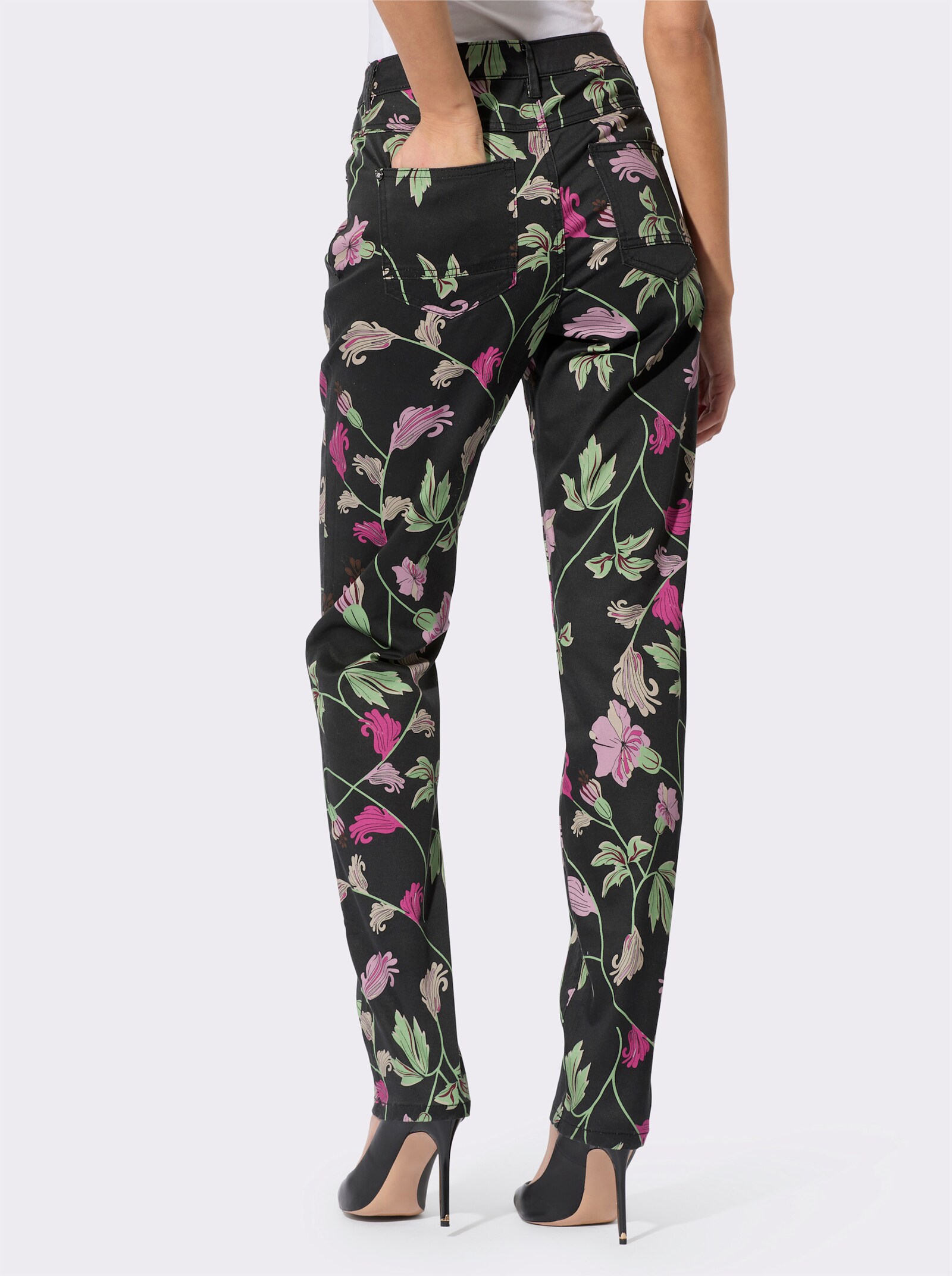 5-Pocket-Hose in weicher Twill-Qualität, bedruckt - schwarz-mauve-bedruckt