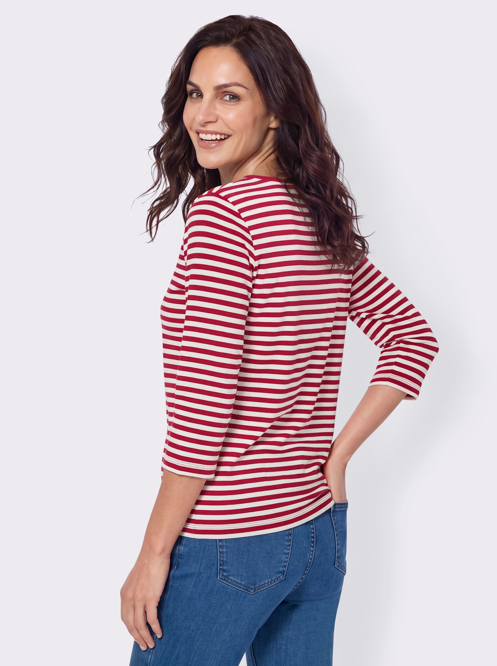 Rundhalsshirt mit Ringeln und Stickerei - erdbeere-ecru-geringelt