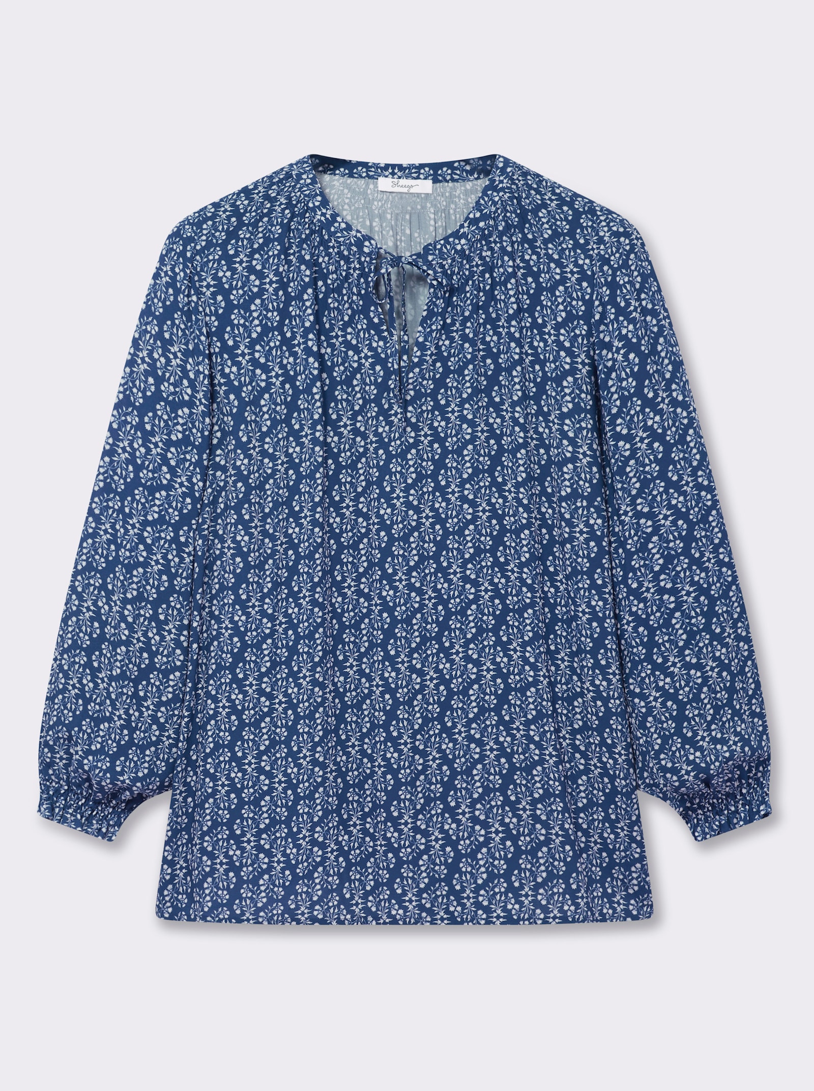 sheego Tunika mit Blütenprint und Smok-Details - jeansblau-gemustert