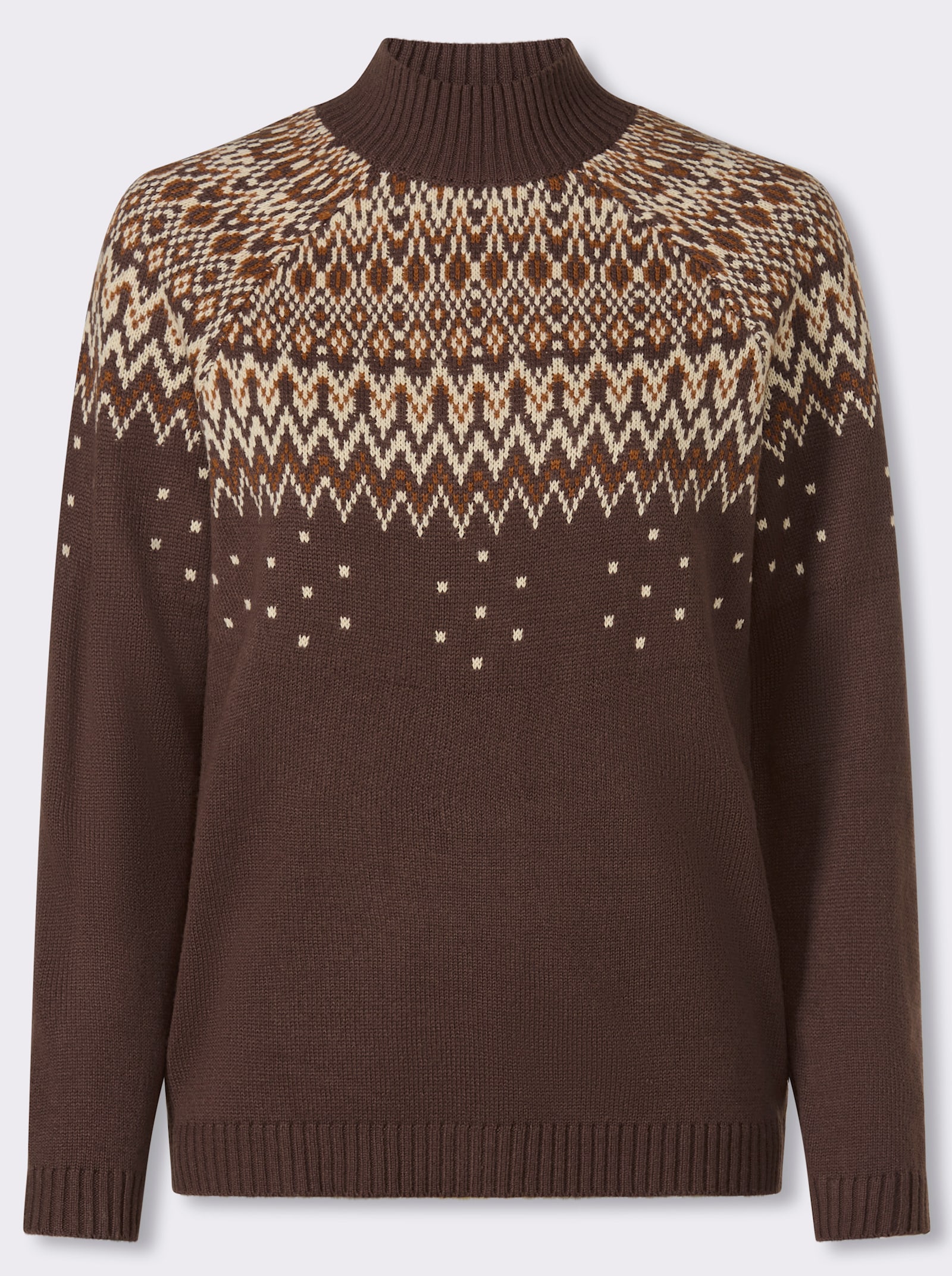 Stehkragenpullover im Norwegermuster - schoko-camel-gemustert