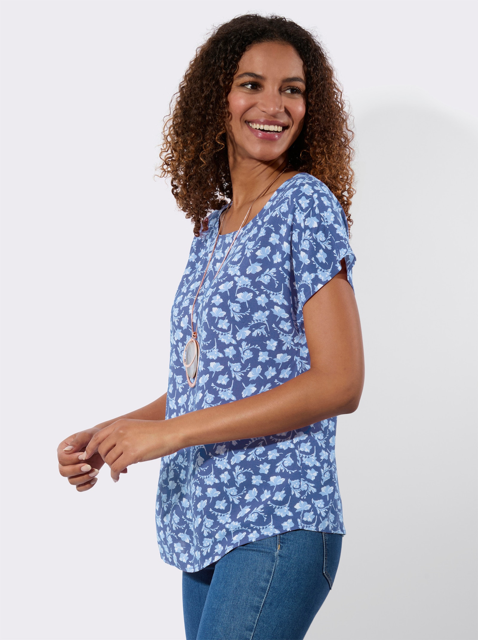 Blusenshirt mit Blüten-Dessin - jeansblau-weiß-bedruckt