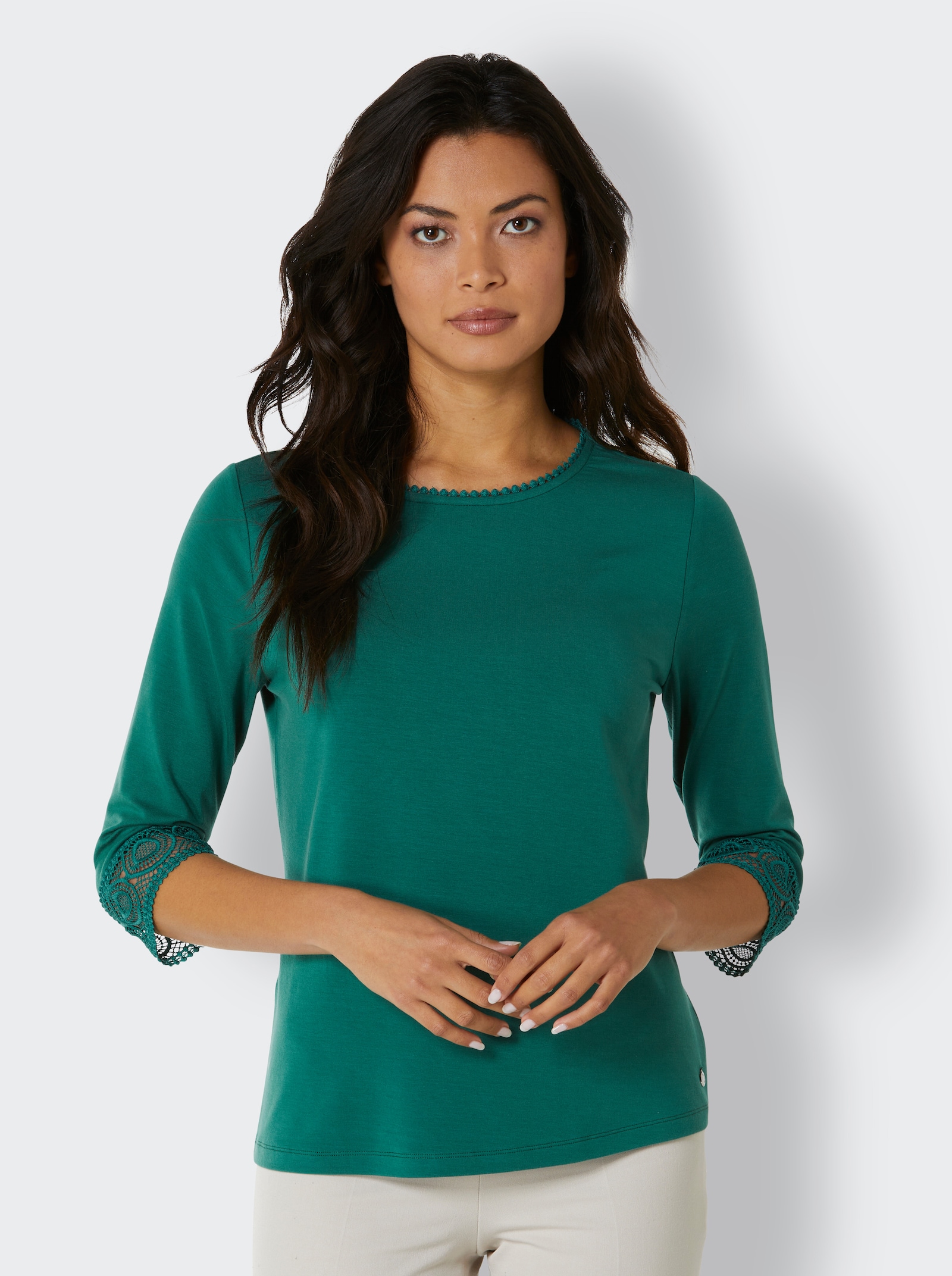 CREATION L PREMIUM 3/4-Arm-Shirt mit Spitzenbordüre an Ausschnitt und Ärmeln - dunkelgrün
