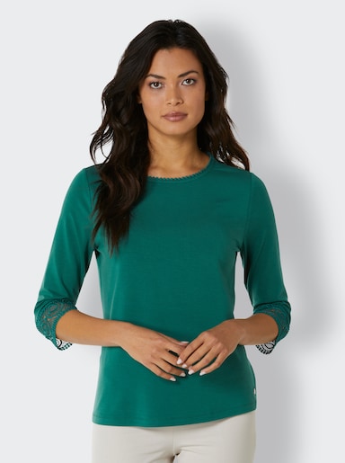 CREATION L PREMIUM 3/4-Arm-Shirt mit Spitzenbordüre an Ausschnitt und Ärmeln - dunkelgrün