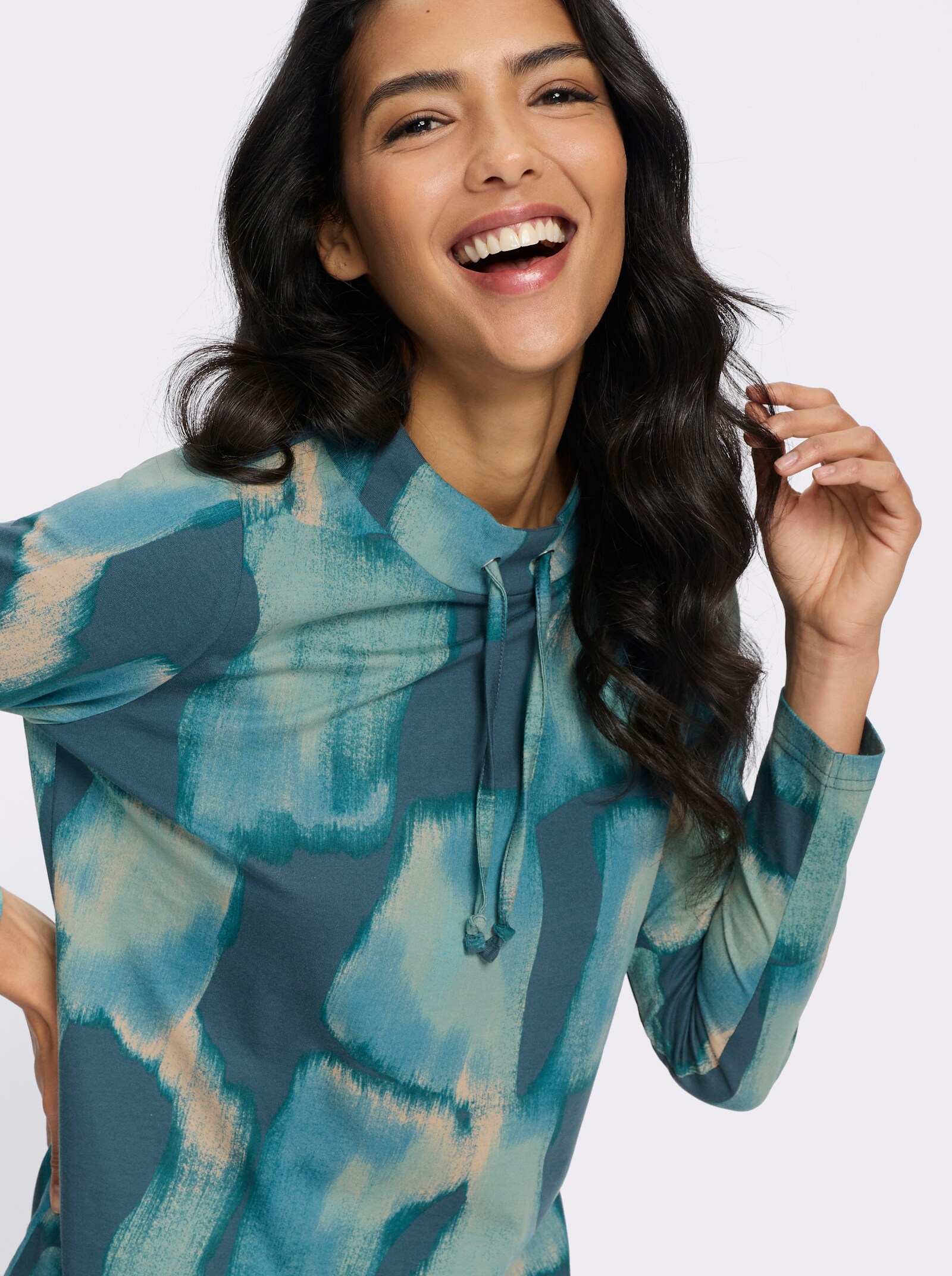 Stehkragenshirt mit Bindeband - ozean-petrol-bedruckt