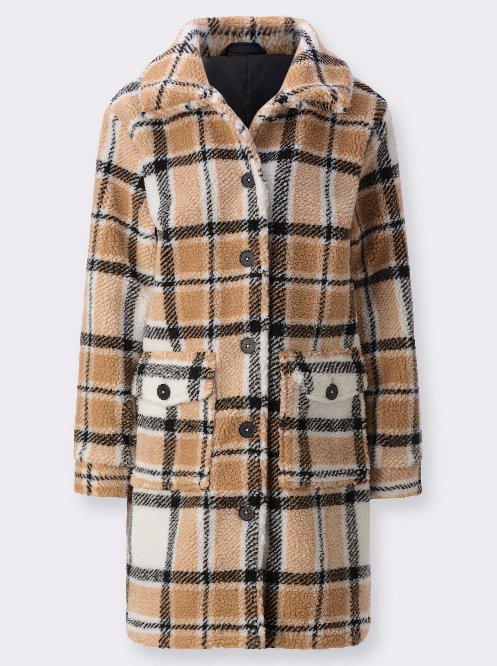 Kurzmantel aus kariertem Teddy-Fleece - ecru-schwarz-kariert