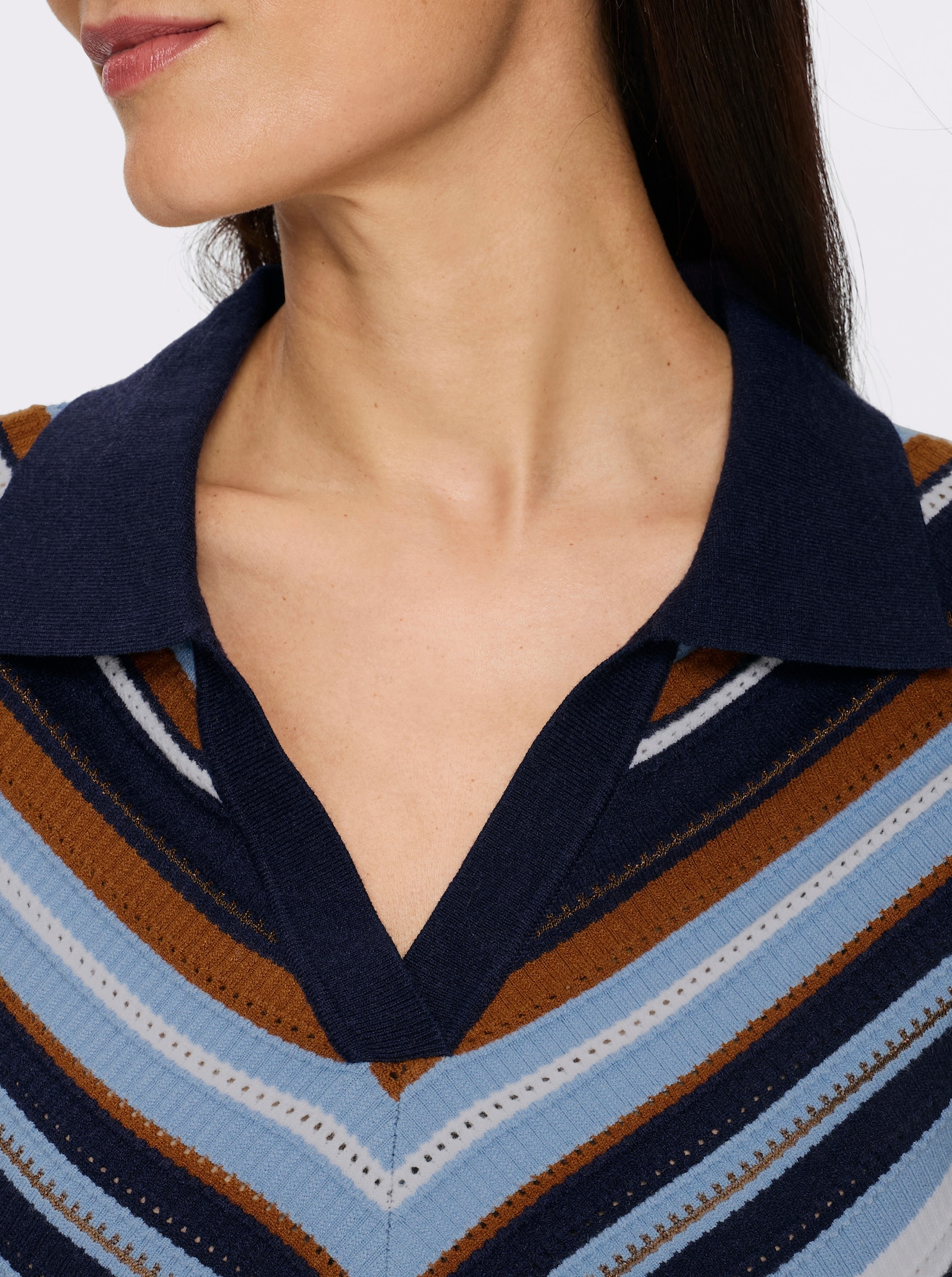 heine Polopullover im Ajourstrick - marine-bleu-gestreift