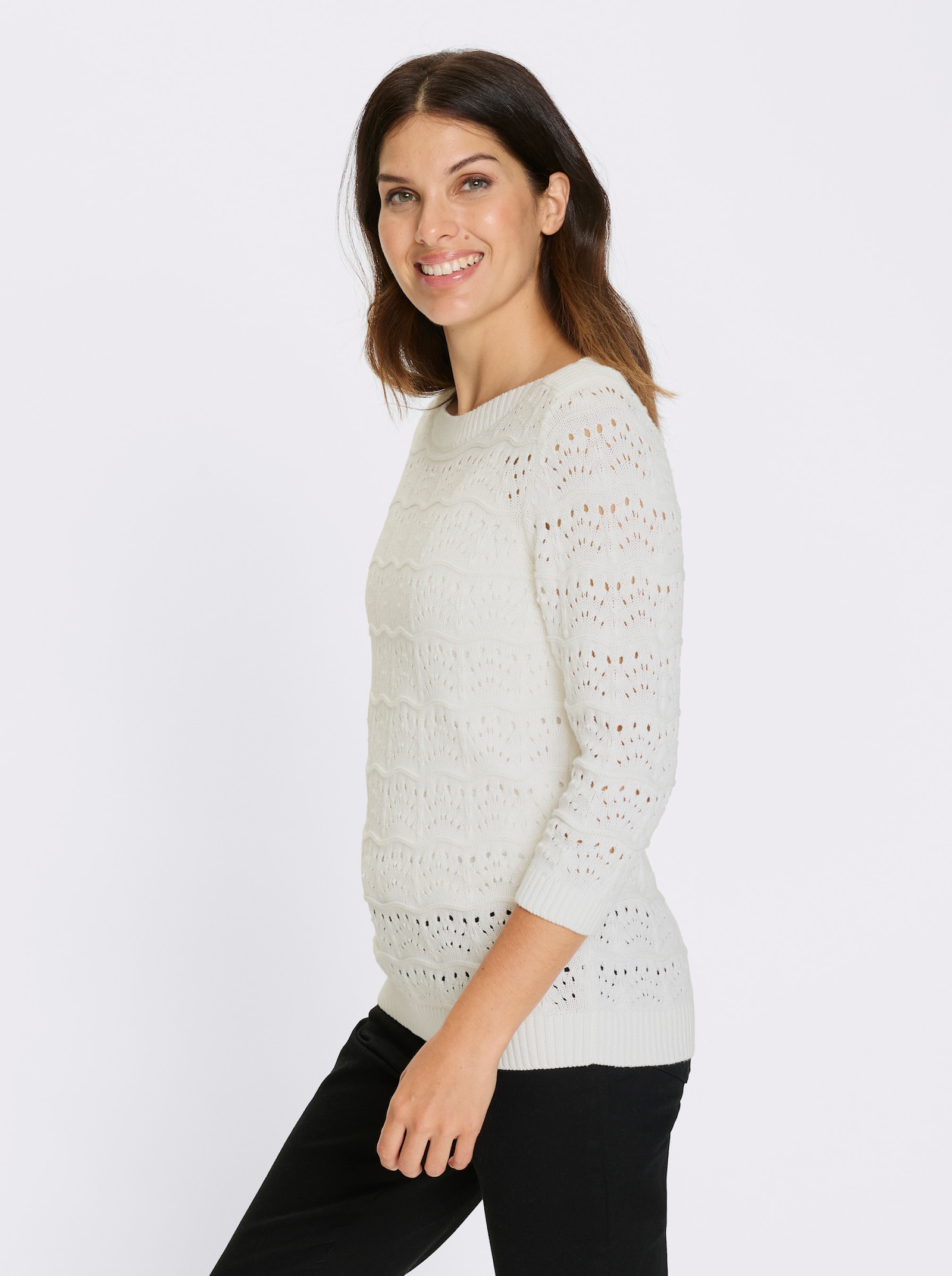Ajourpullover mit U-Boot-Ausschnitt - weiß