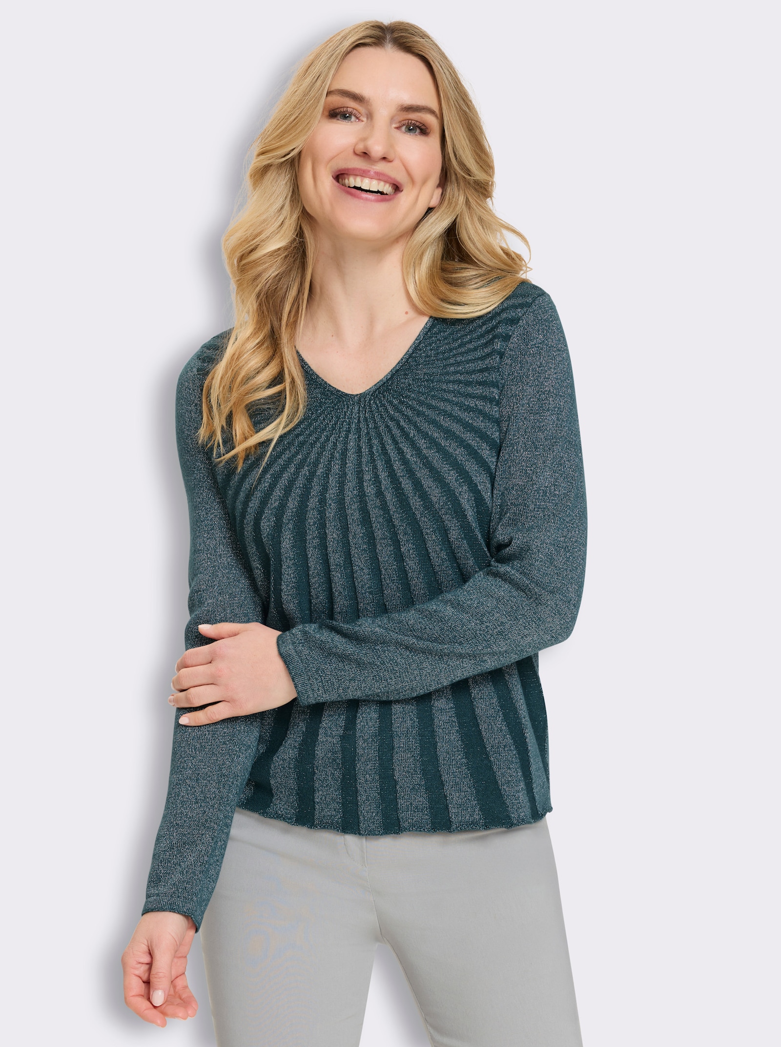 V-Ausschnitt-Pullover mit Glanzgarn - petrol-silberfarben