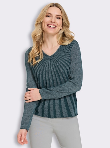 V-Ausschnitt-Pullover mit Glanzgarn - petrol-silberfarben