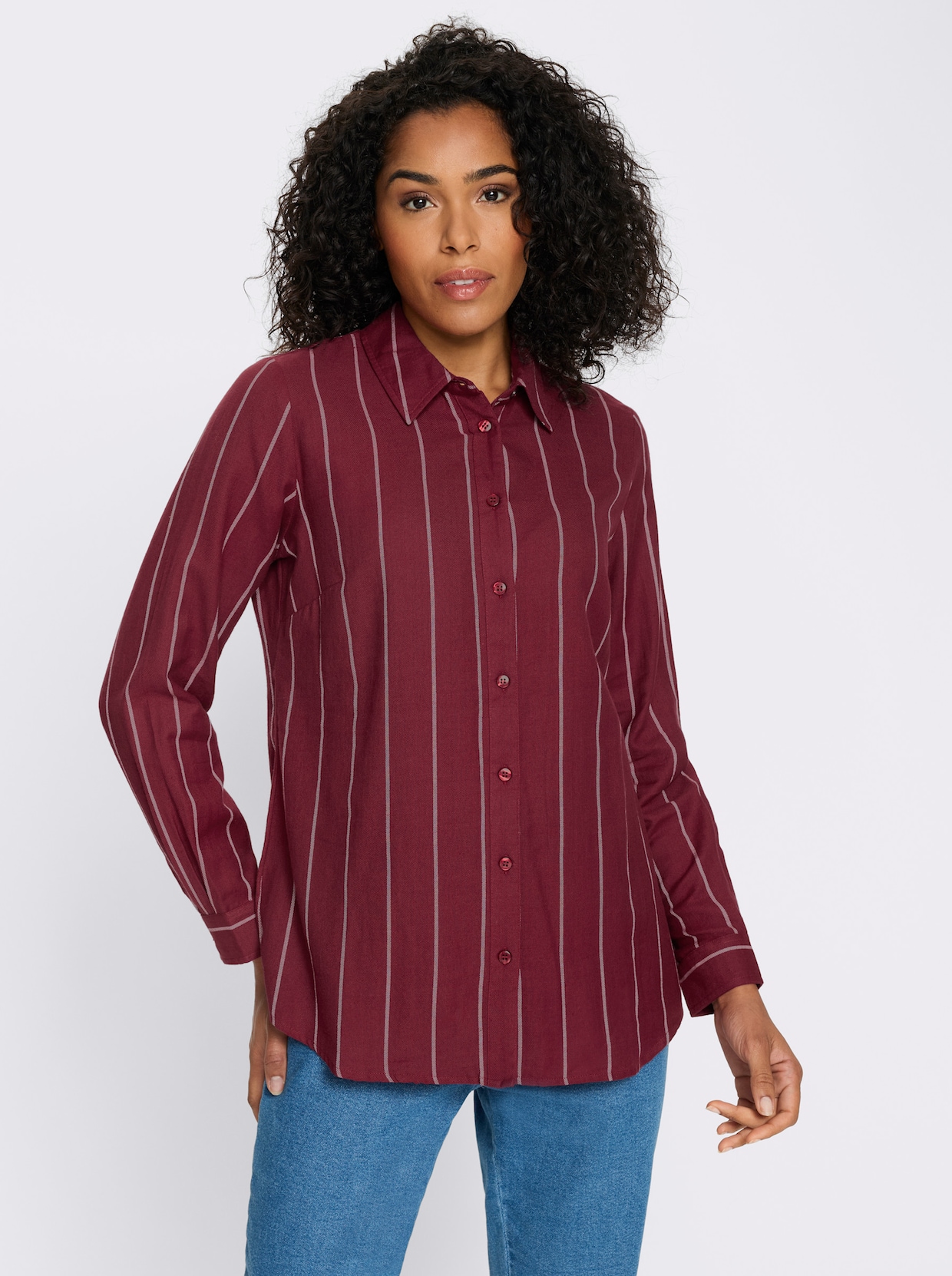 Longbluse im Streifen-Dessin - dunkelrot-ecru-gestreift