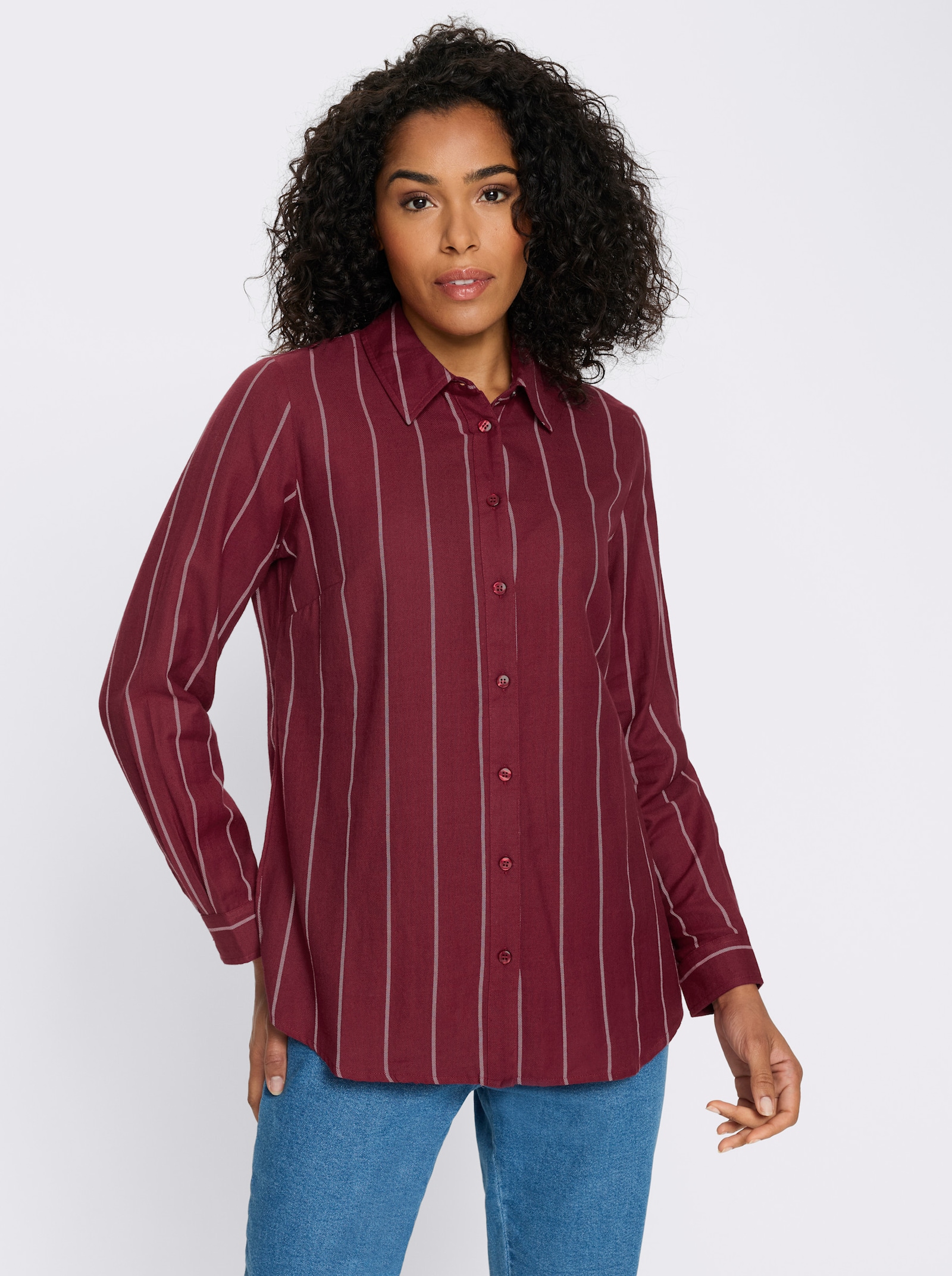 Longbluse im Streifen-Dessin - dunkelrot-ecru-gestreift