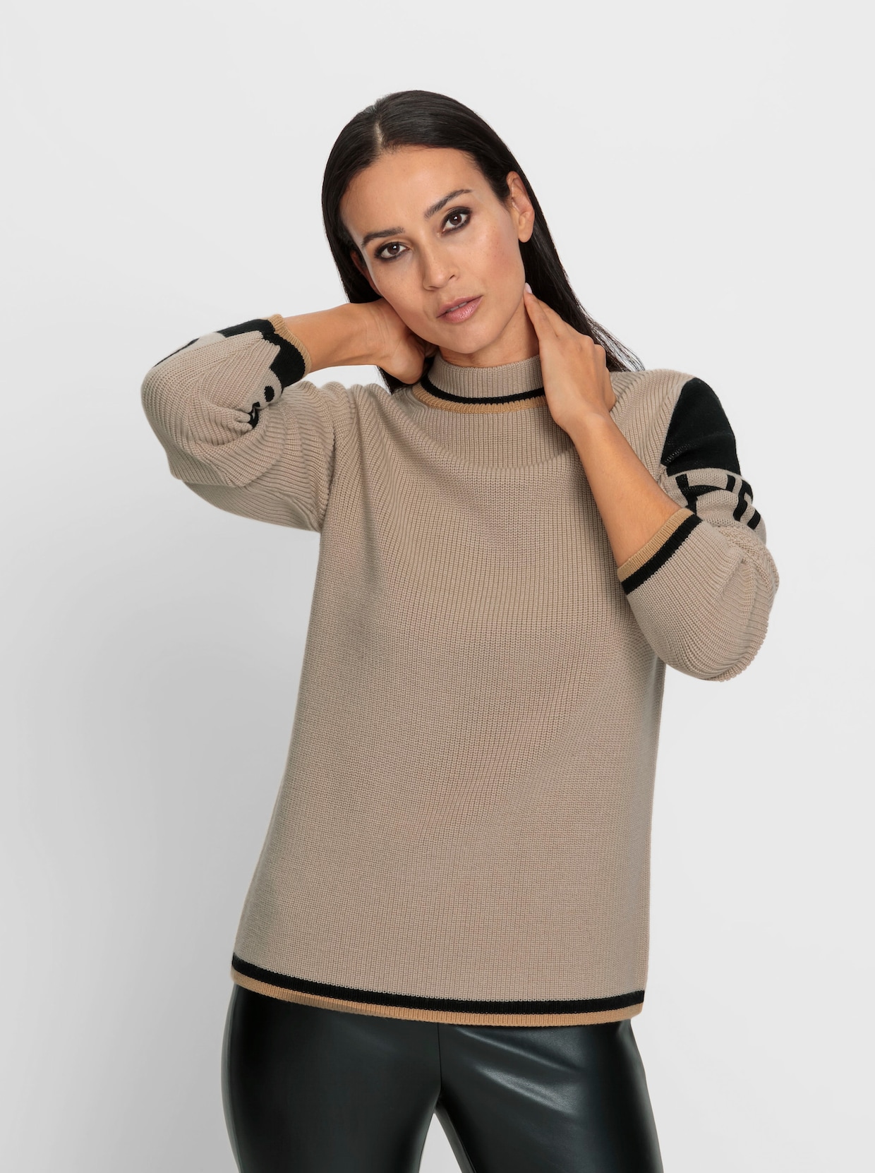 heine Trui met opstaande kraag - beige/zwart gedessineerd