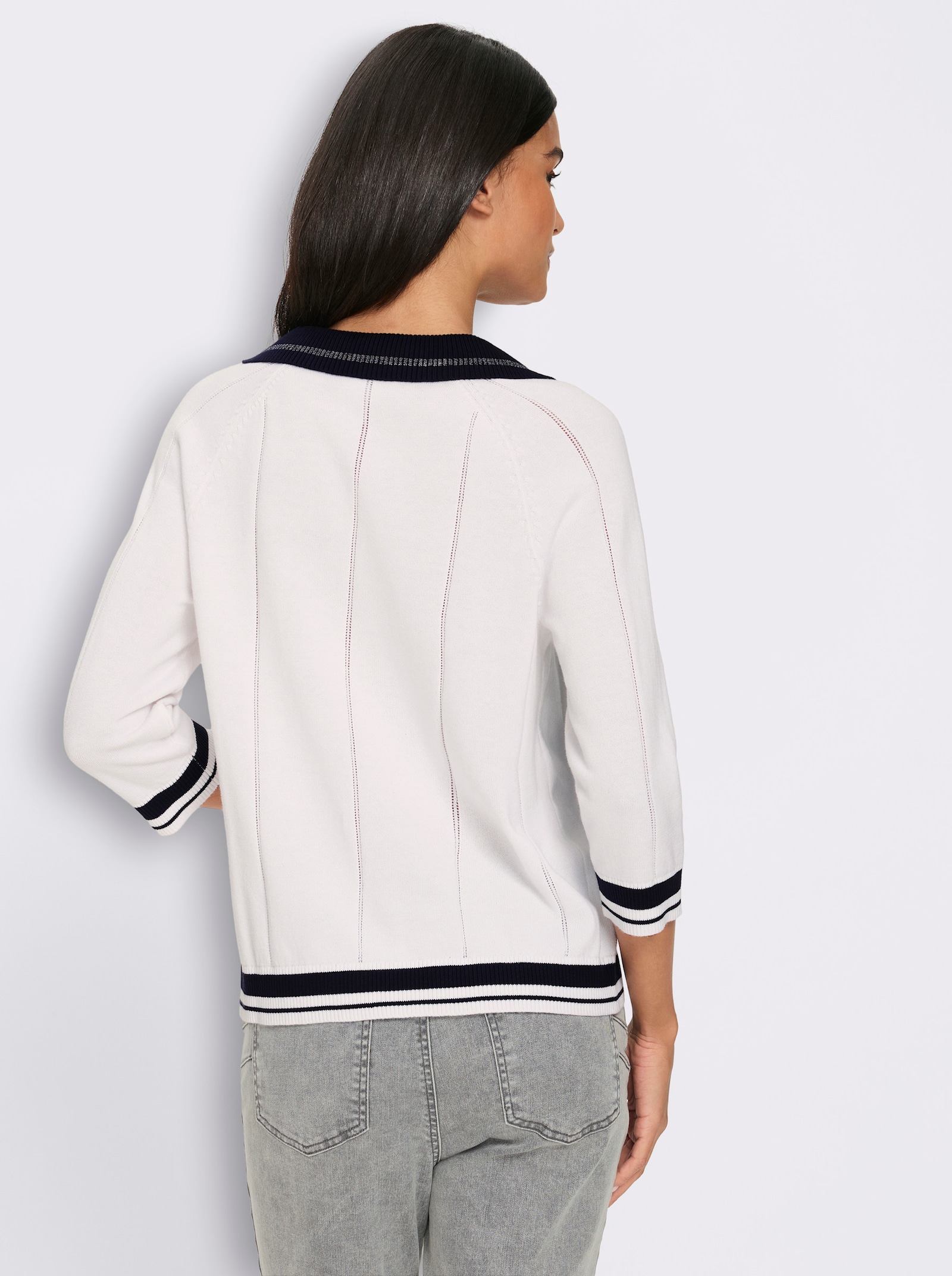 heine Polopullover mit Ajour-Streifen - ecru-marine