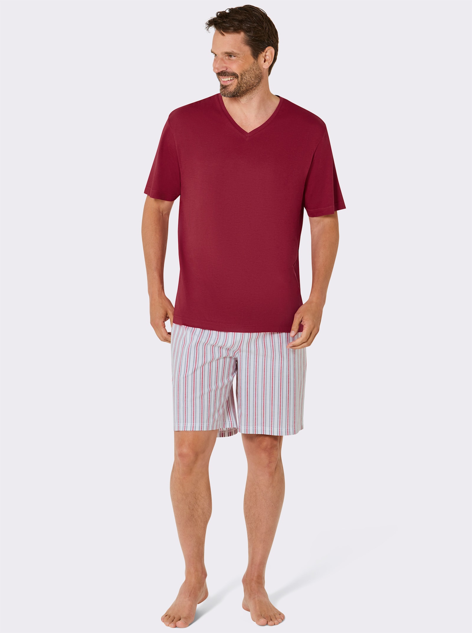 wäschepur men Shorty mit Batist-Hose - kirsche-grau-gestreift