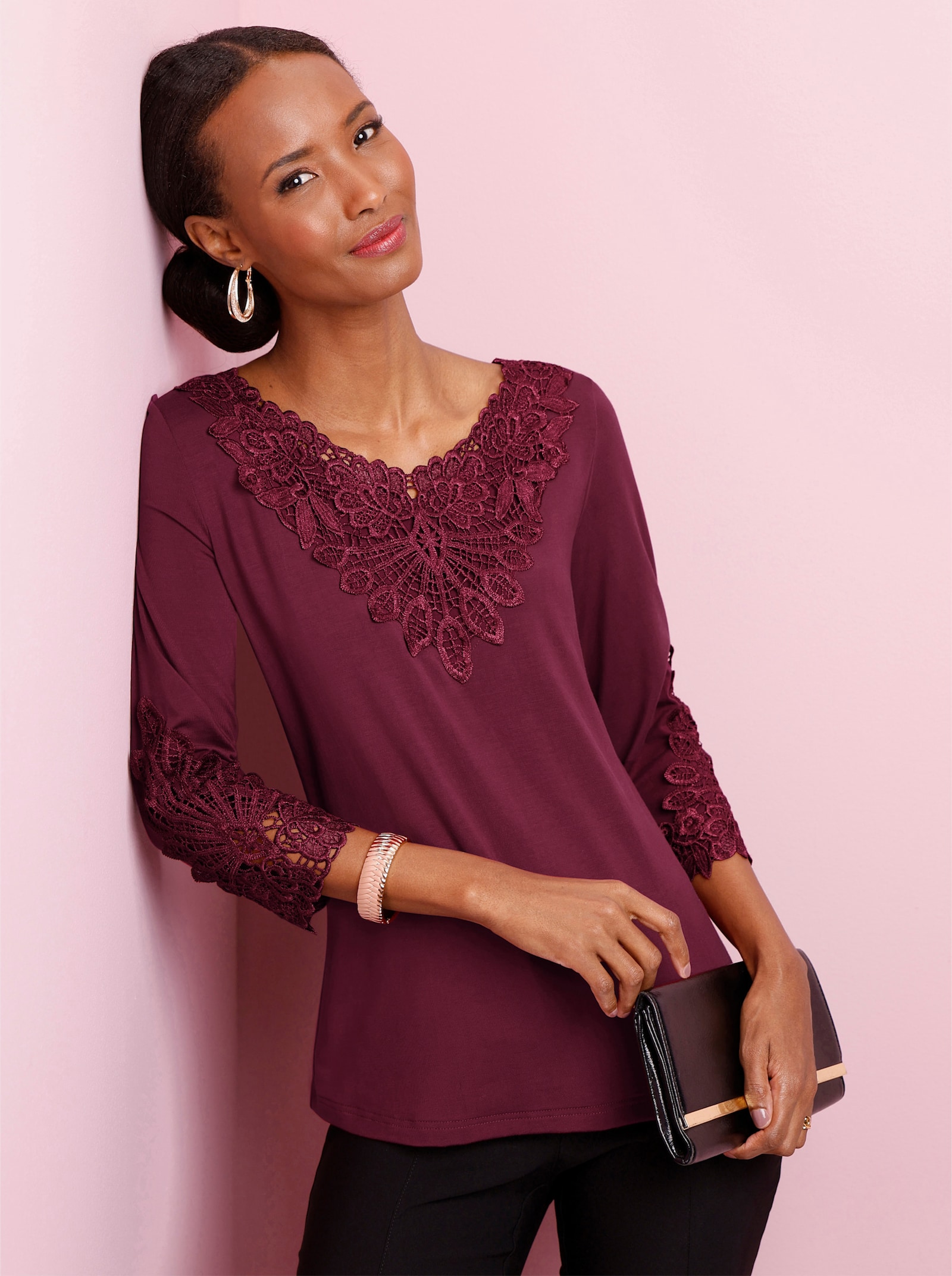3/4-Arm-Shirt mit Spitzen-Akzenten - bordeaux
