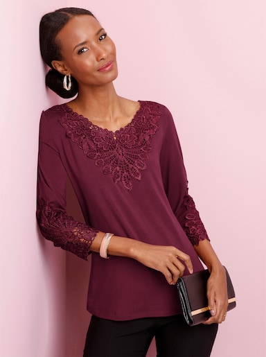 3/4-Arm-Shirt mit Spitzen-Akzenten - bordeaux