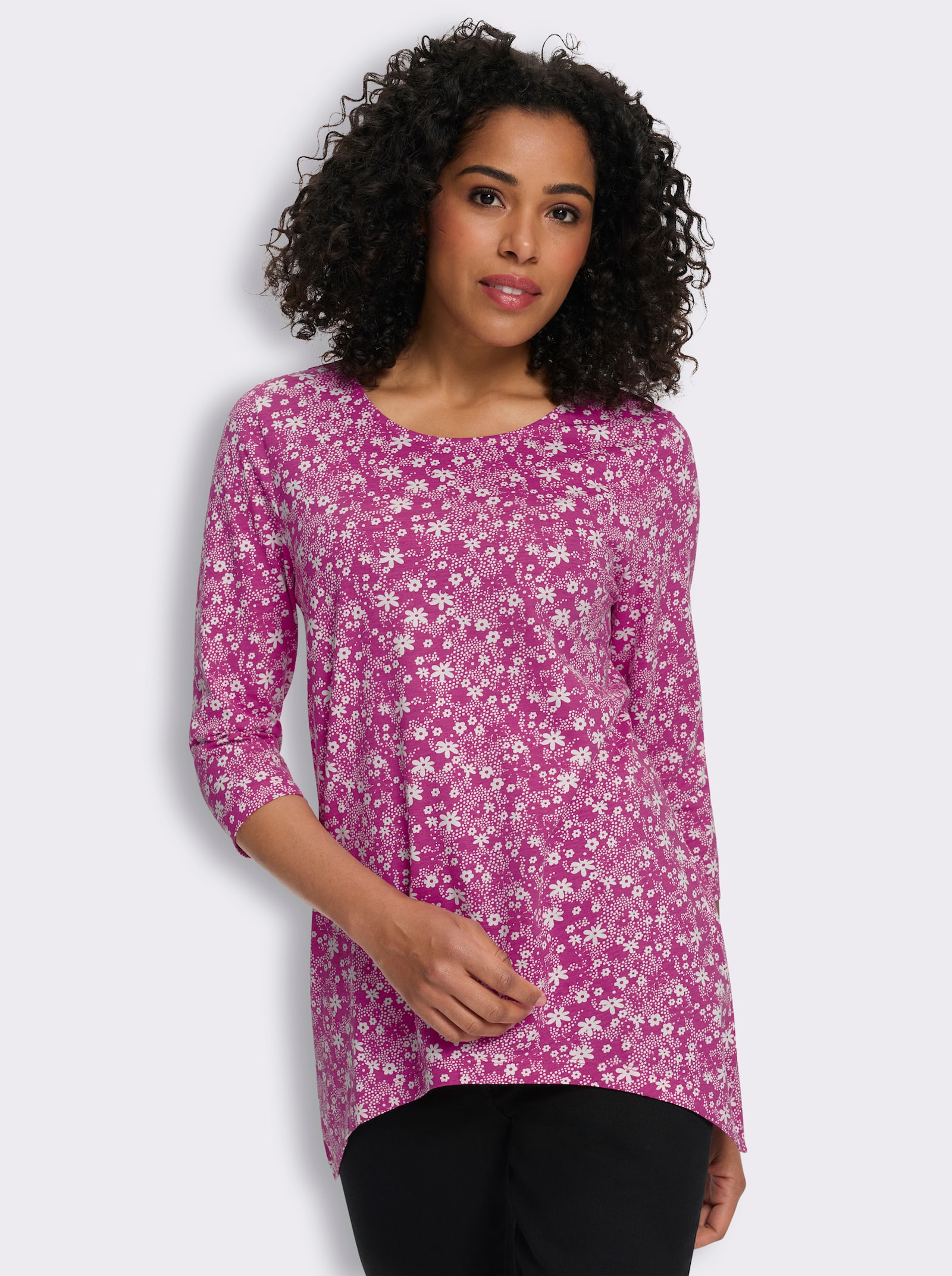 Assymetrisk topp med 3/4-ärmar, blomtryck - magenta-ecru-med tryck