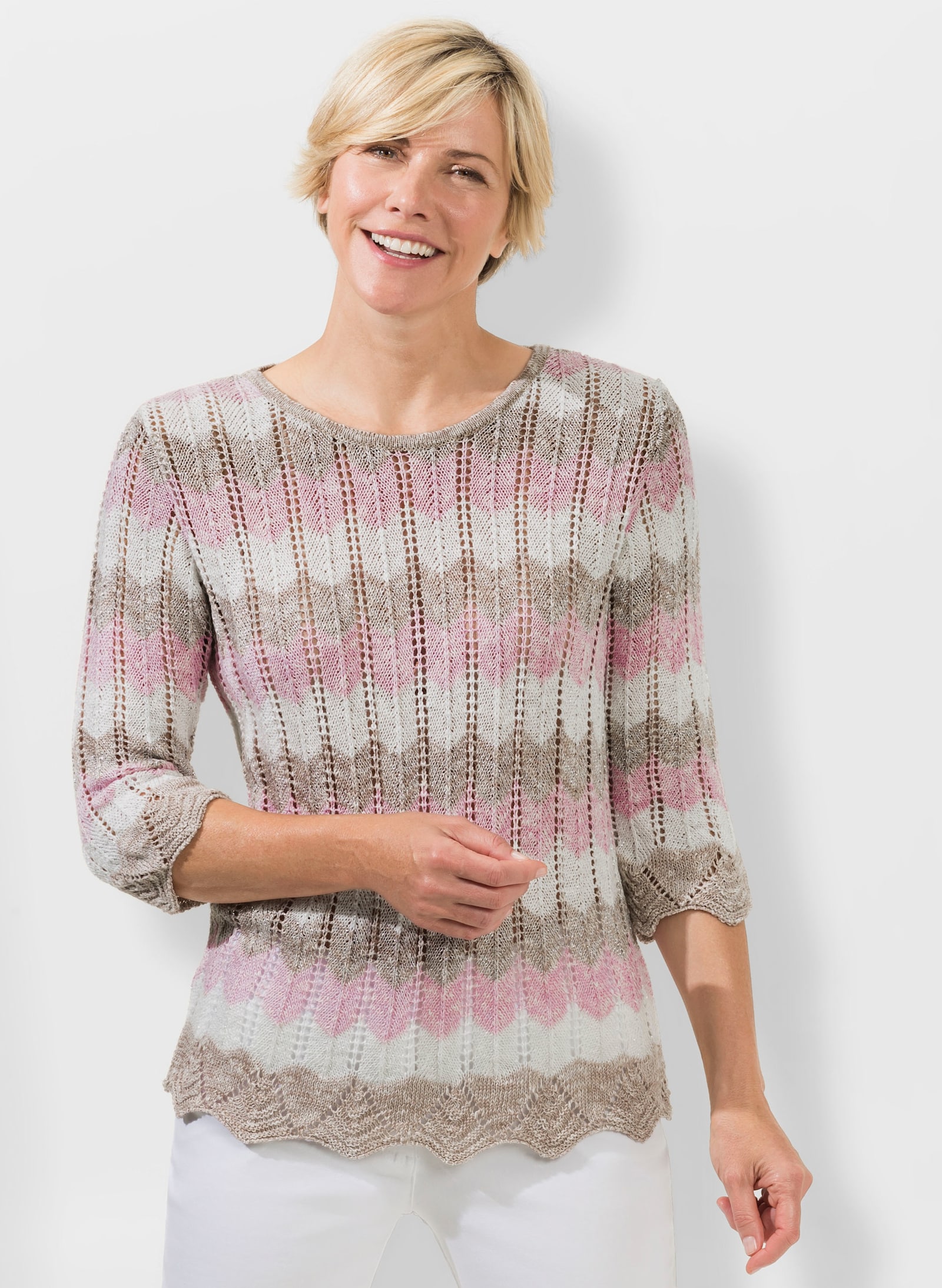 3/4 Arm-Pullover mit Wellensaum - sesam-puder-gemustert