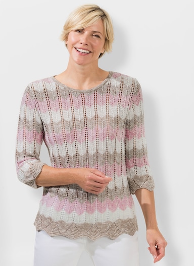 3/4 Arm-Pullover mit Wellensaum - sesam-puder-gemustert