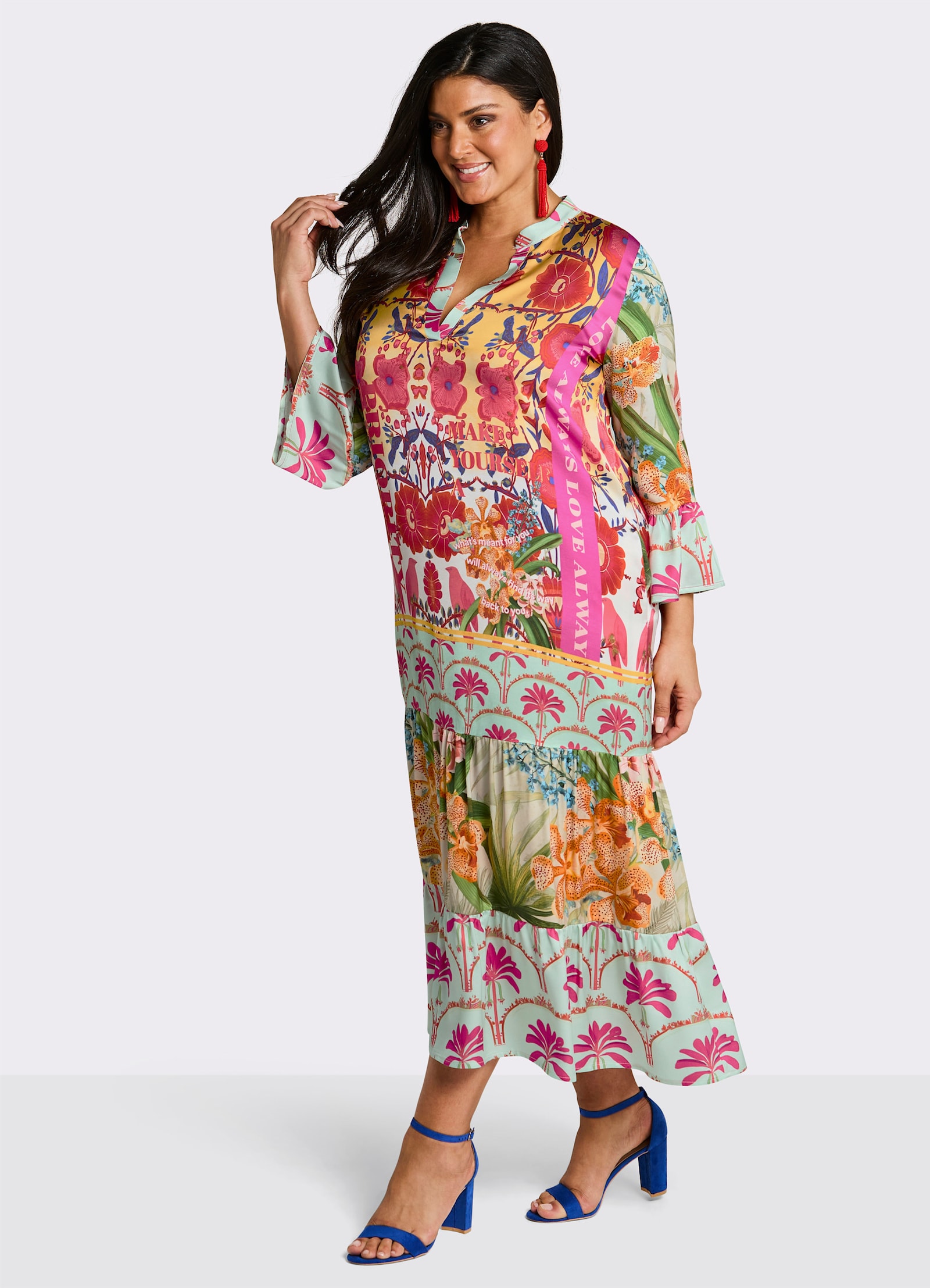 sheego loves miss goodlife Robe longue à volants - menthe-fuchsia imprimé