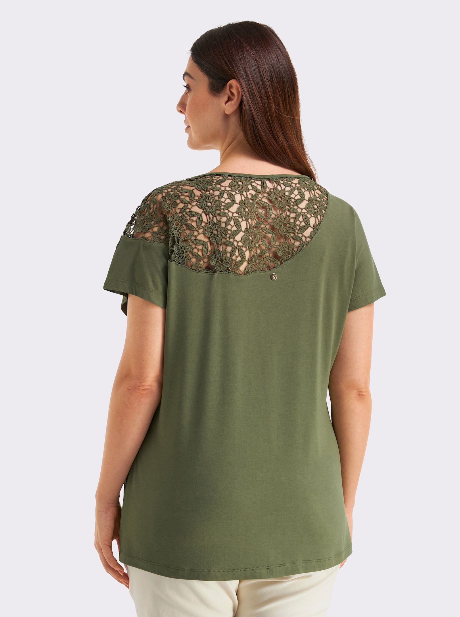 sheego Kurzarmshirt mit floraler Spitze - oliv