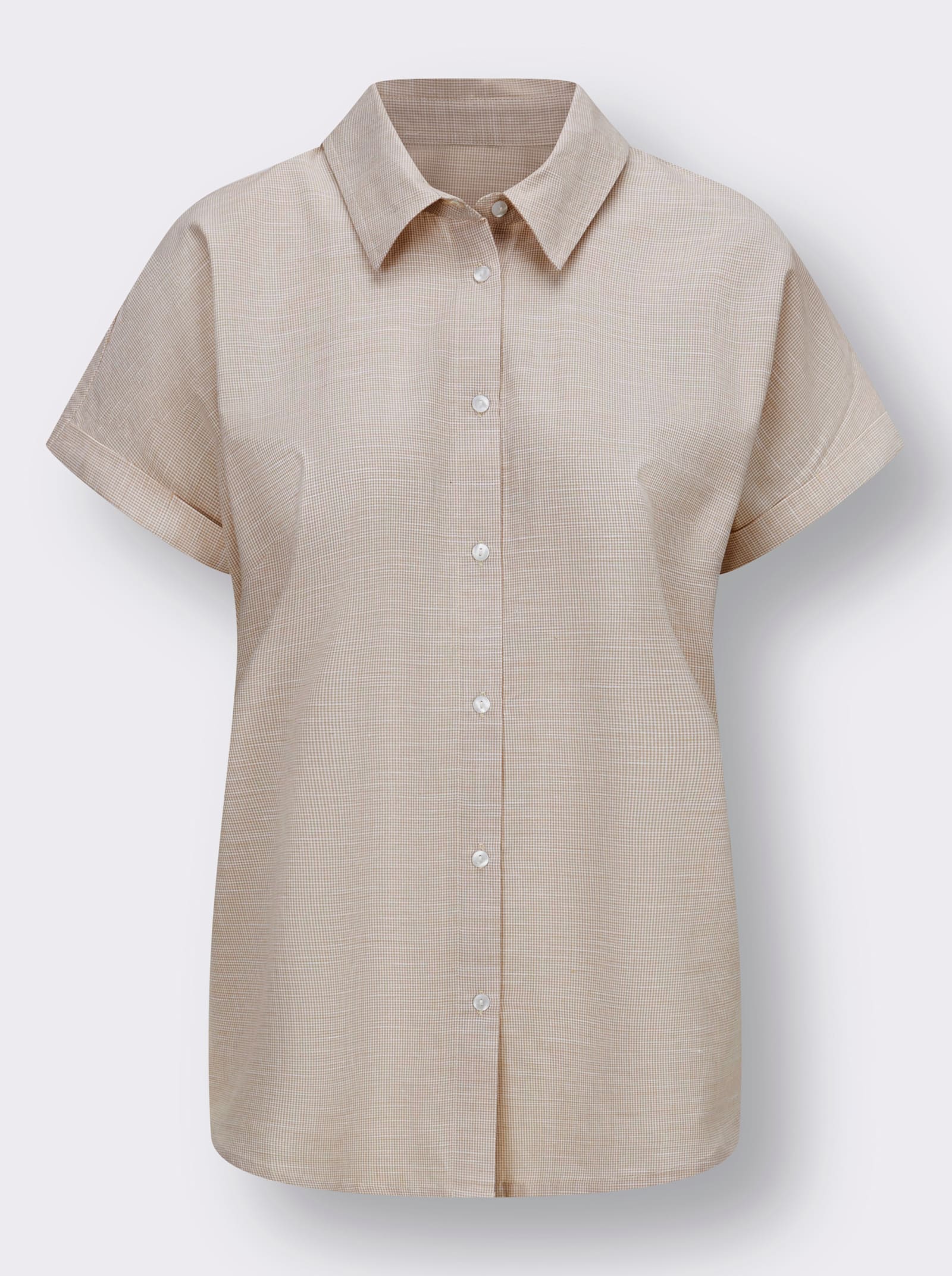 Kurzarm-Bluse mit abgerundetem Saum - beige-ecru-gemustert