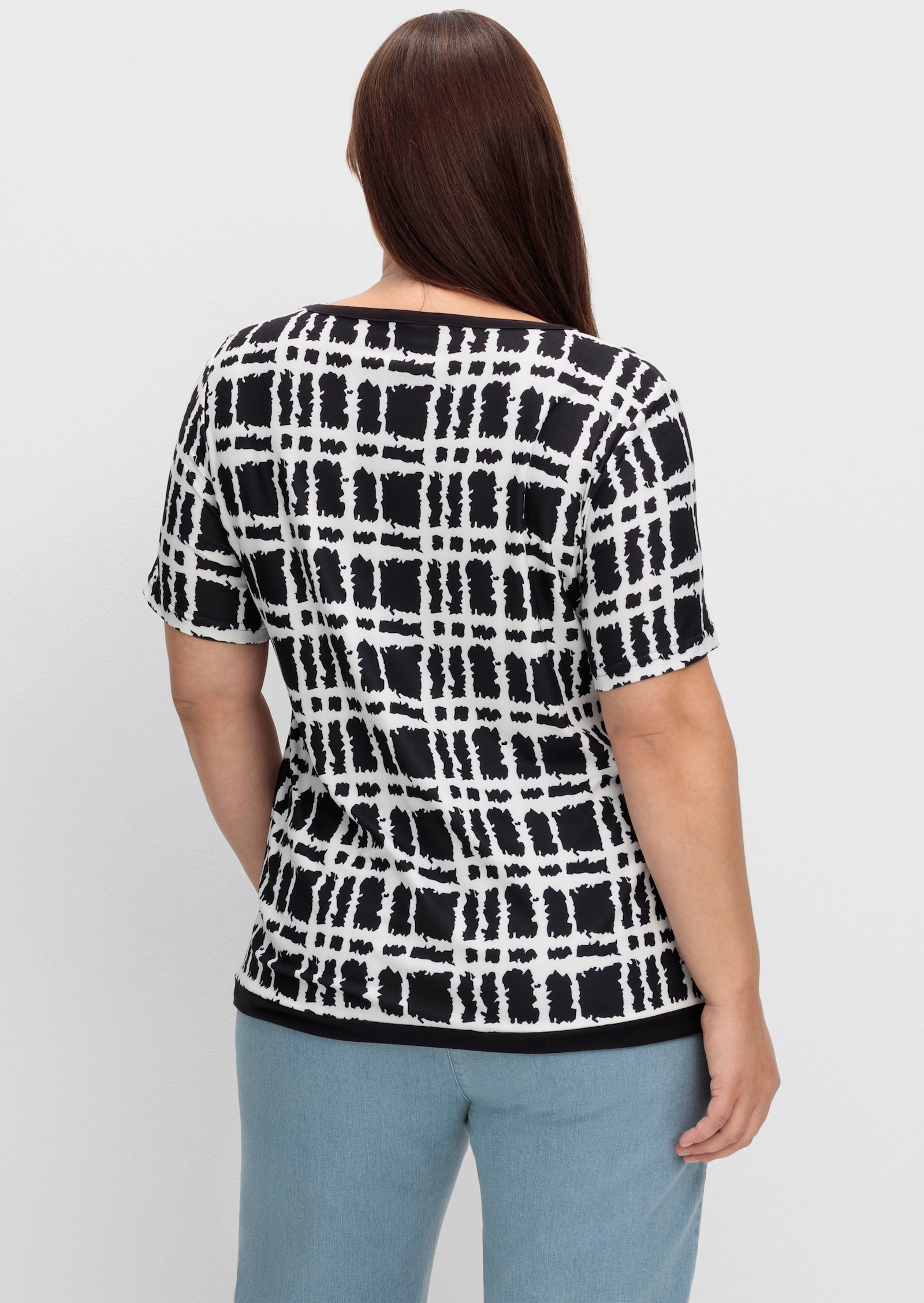 Kurzarmshirt mit Bindebändern - ecru-schwarz-bedruckt