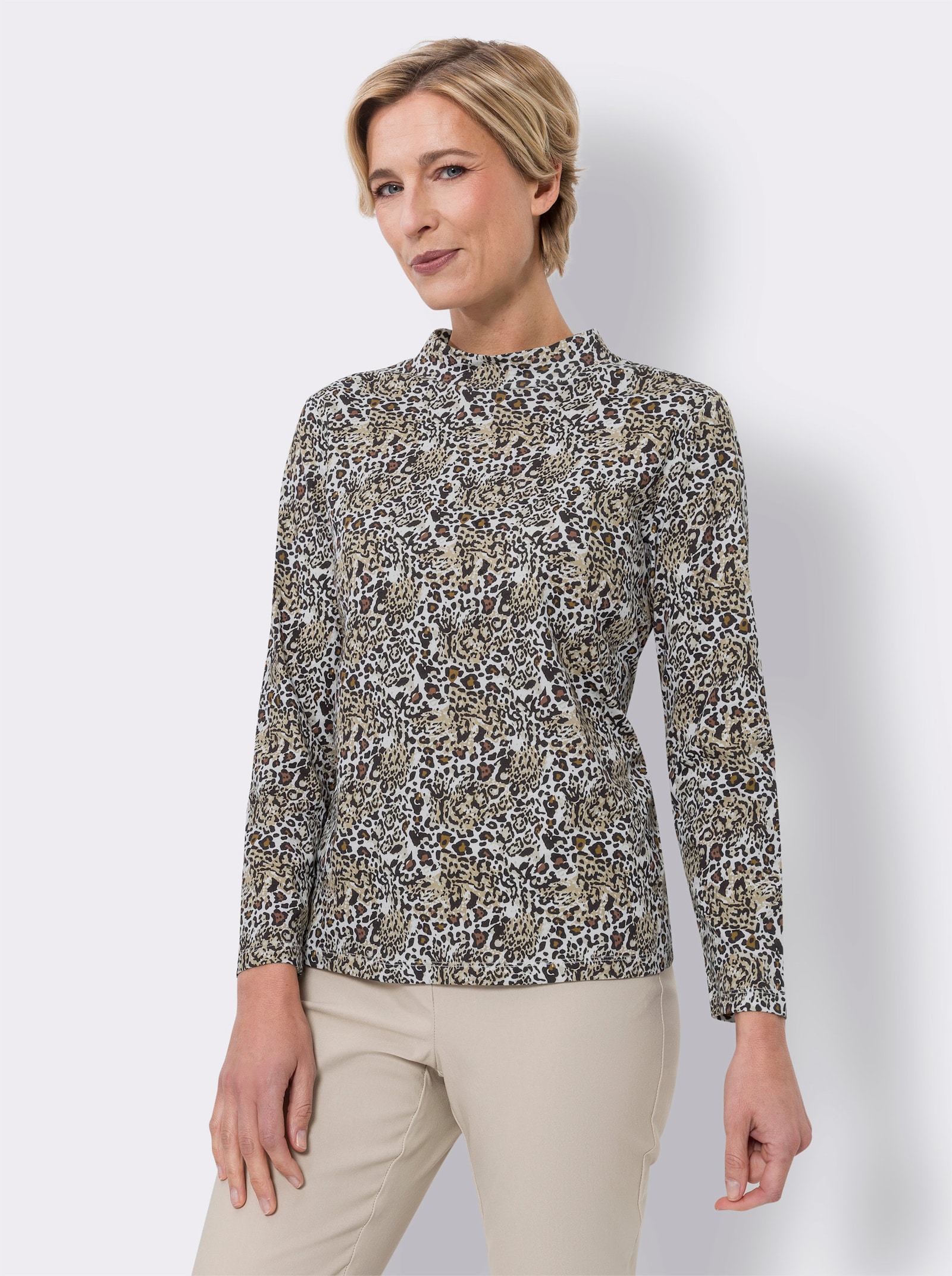Shirt met opstaande kraag in luipaarddessin - ecru/camel bedrukt