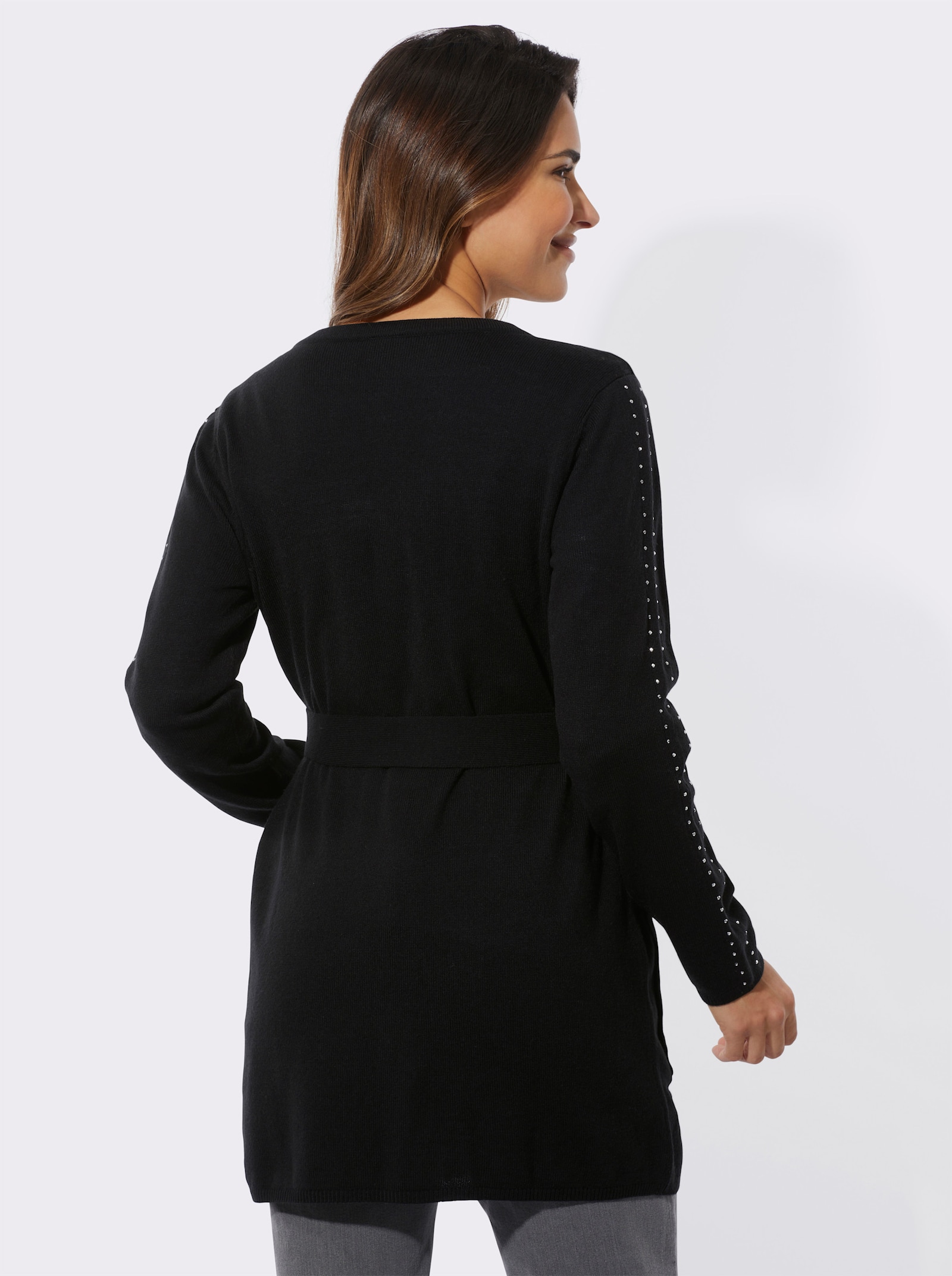 Longstrickjacke mit Bindegürtel - schwarz