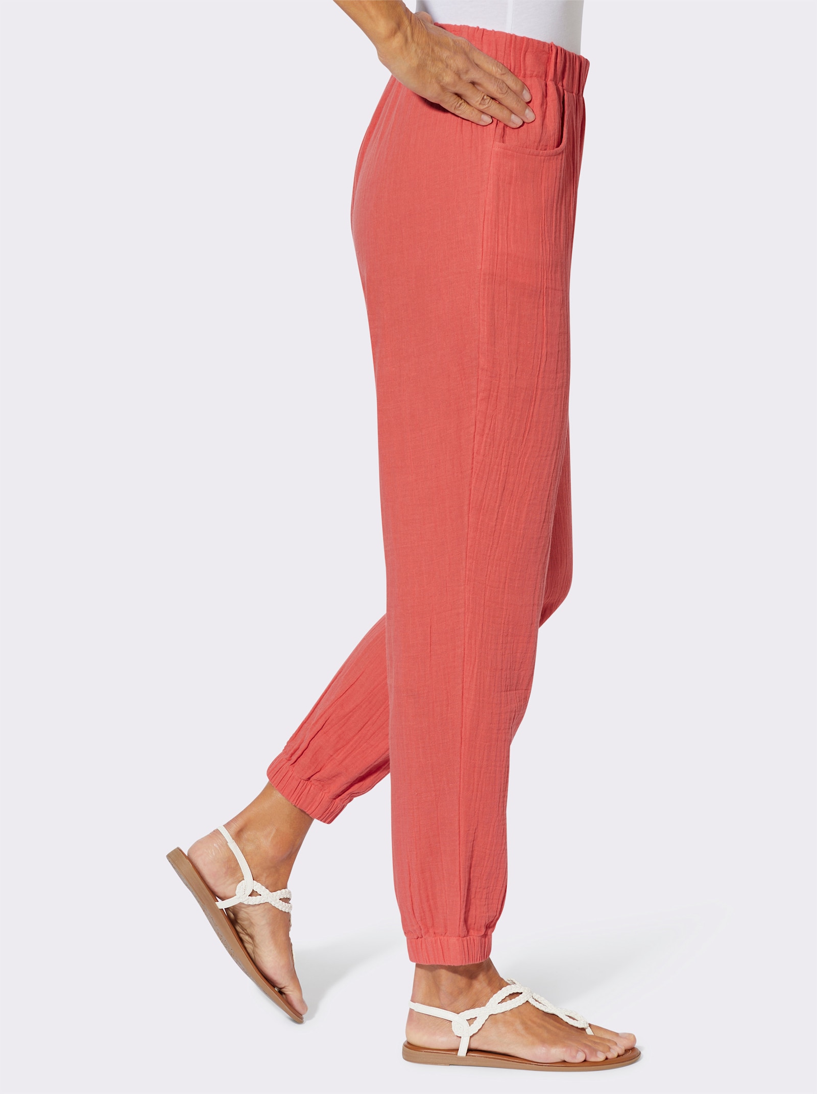 Nohavice na gumu z mušelínu - Grapefruit