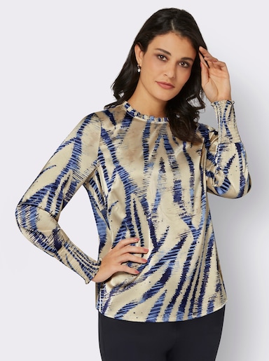 Schlupfbluse mit gesmokter Blende - sand-marine-bedruckt