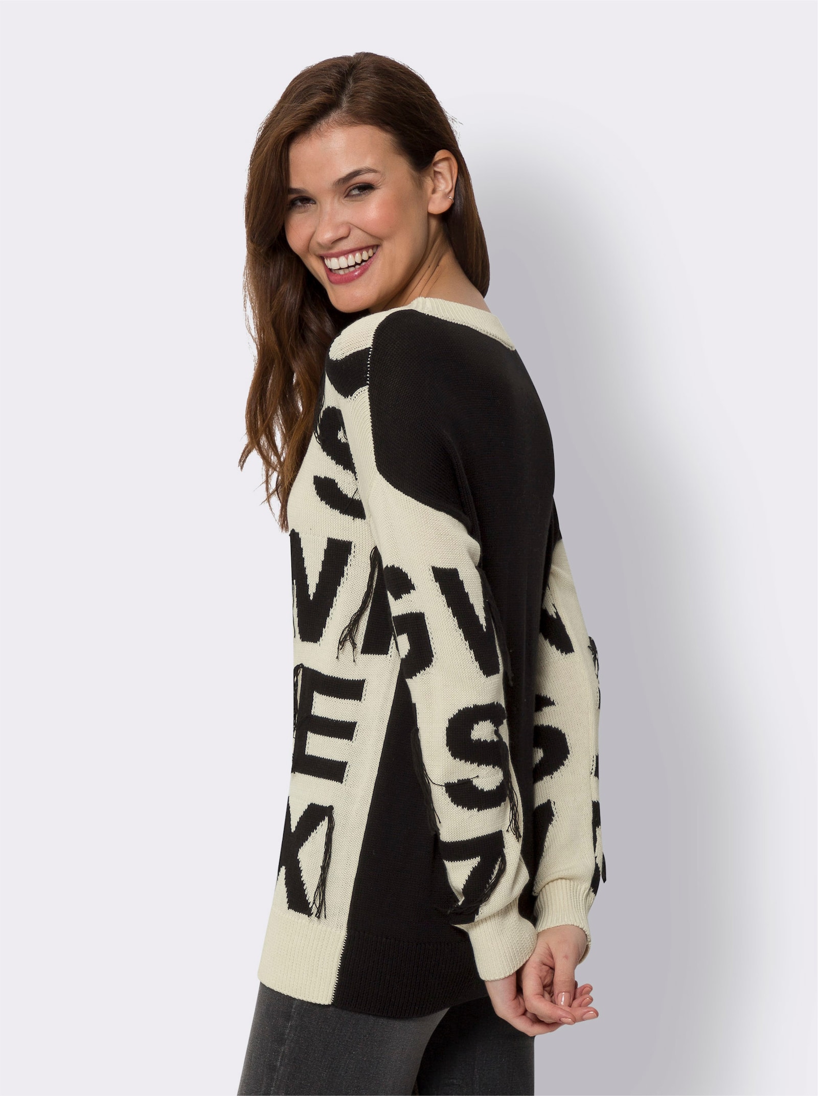 heine Pullover met ronde hals en franjes - champagne/zwart gedessineerd